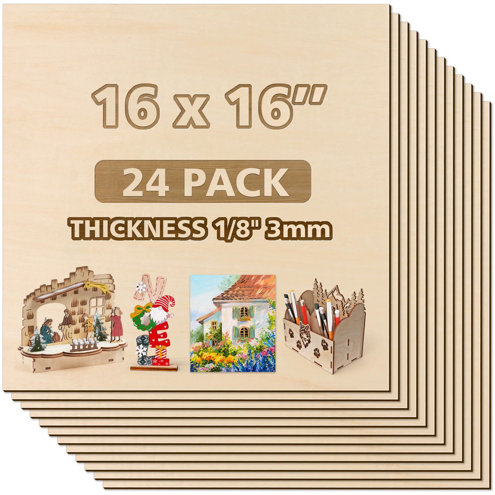 Adrattnay 24Pcs Basswood Sheets 16 x 16 x 1/8” - 3mm Basswood Plywood Sheets for Laser Cutting and Laser Engraving, 1/8in Large Basswood Sheets Unfinished Laser Wood for Model Crafts and DIY Ornaments-image-36