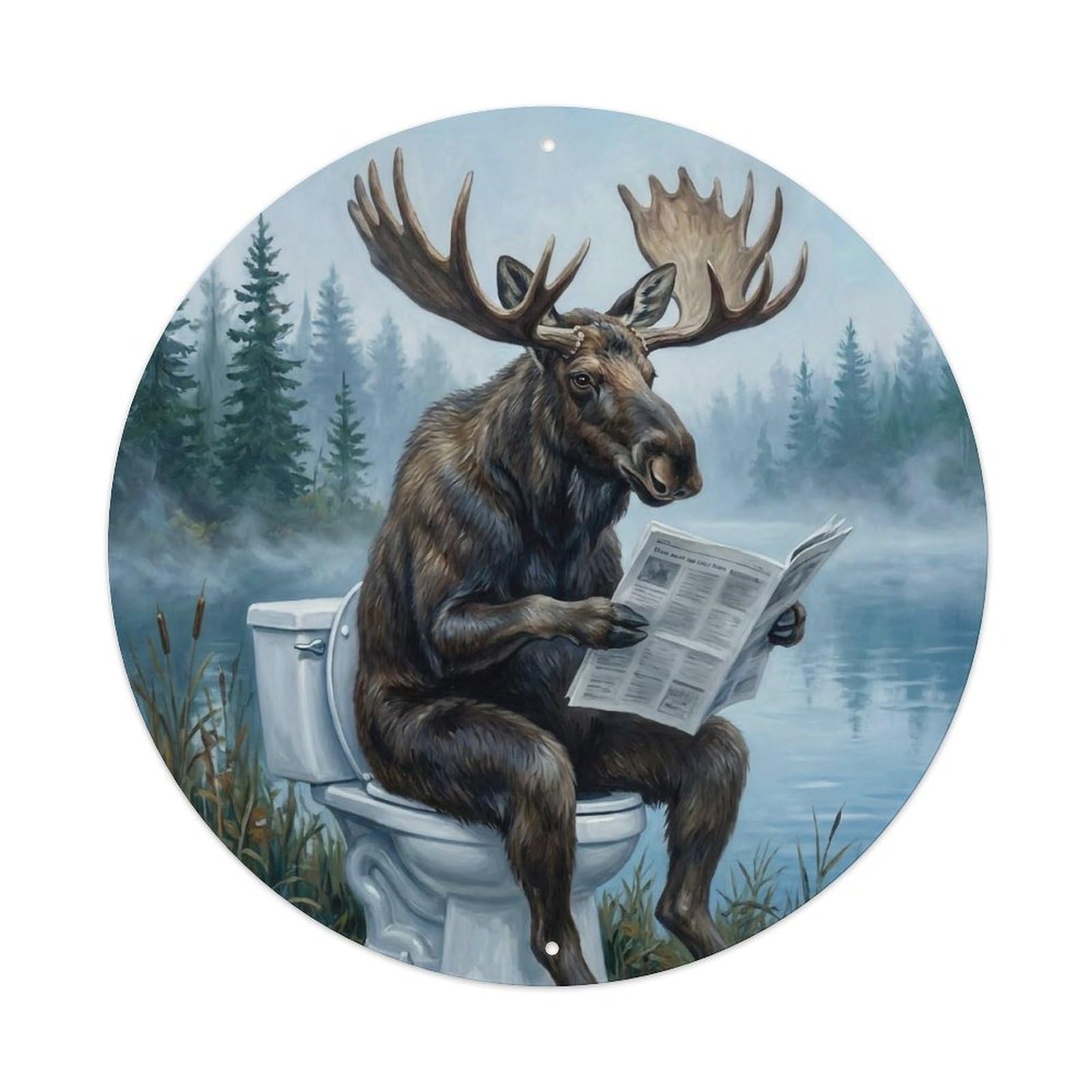 Moose On Toilet Humorous Bathroom Lake Shore Reads Metal Tin Sign