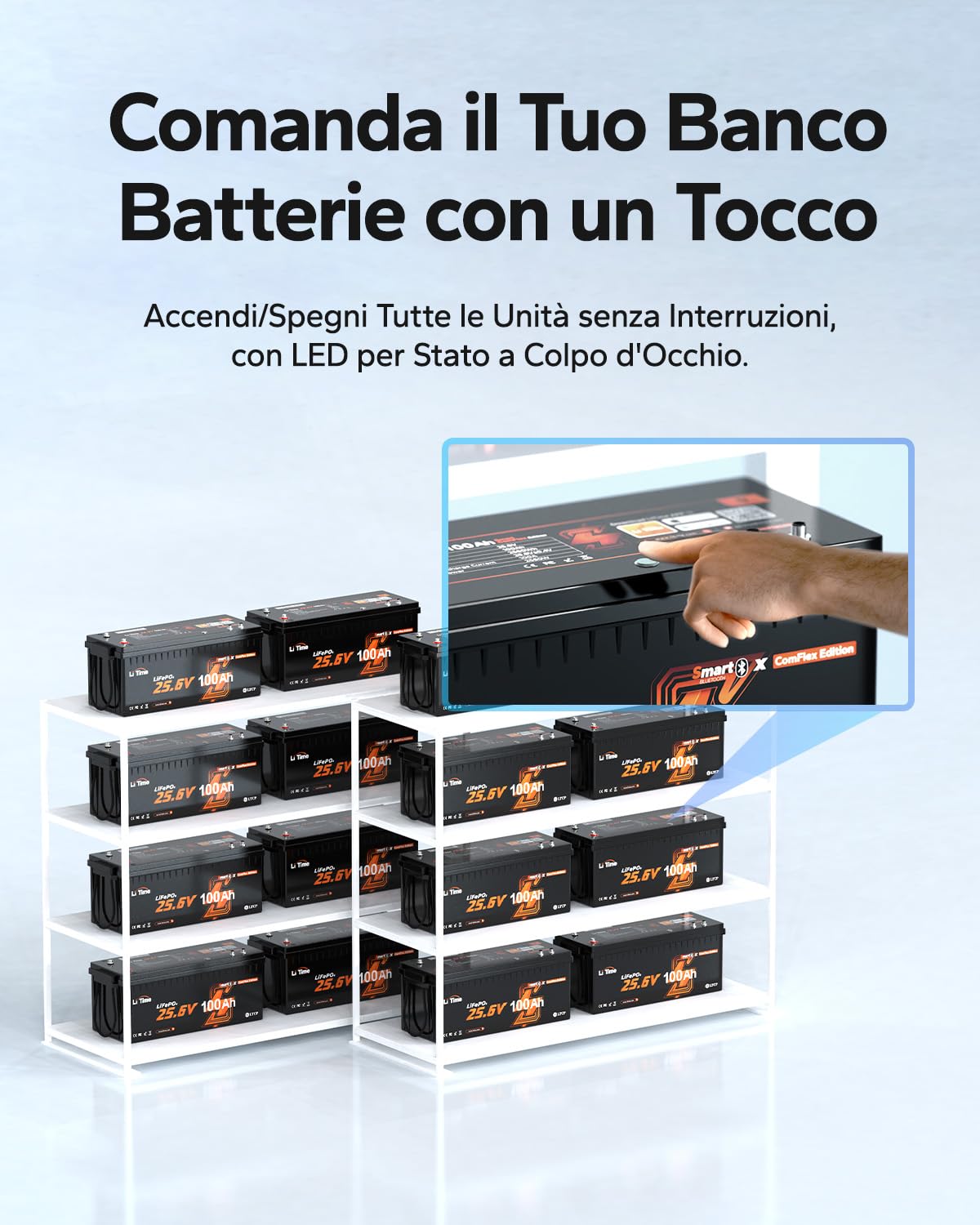 LiTime Batteria Litio 24V 100Ah LiFePO4 con Bluetooth supporta Victron, CAN/RS485, BMS 100A, 4000-15000 Cicli, Protezione Temperatura, Ideale per Camper, Barche, Sistemi Off-Grid