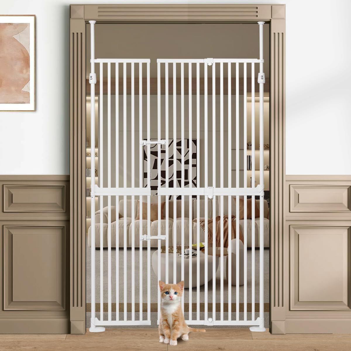 71" Extra Tall Pet Gate for Cats, 34.25"-47.25" Wide, No Drilling Extra Tall Cat Gate with Extension, 1.34" Extra Narrow Gap, Double Opening Cat Proof Gate