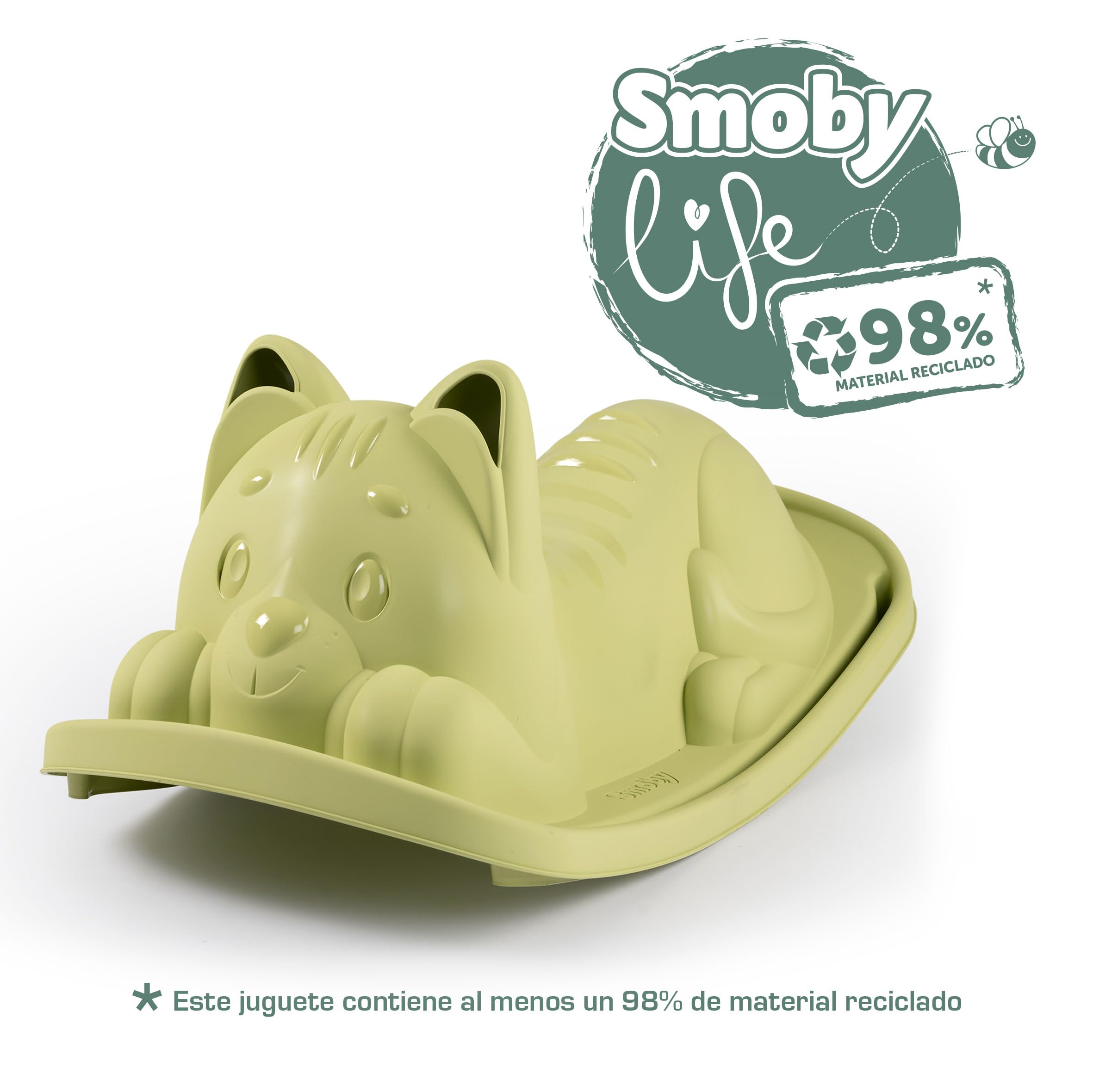 Smoby Life Balancín Gato Verde - Asiento Ergonómico, Orejas para Agarre, Anti-UV, Plástico Reciclado – Juego infantil aire libre,+ 18 Meses (7600830108)