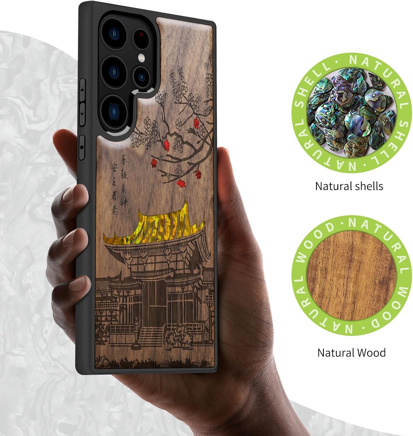 Carveit Designer Wooden Case for Samsung Galaxy S23 Ultra Cover [Wood Engraving & Shell Inlay] Compatible with Wireless Chargers S23 Ultra Case (Traditional Temple-Walnut)