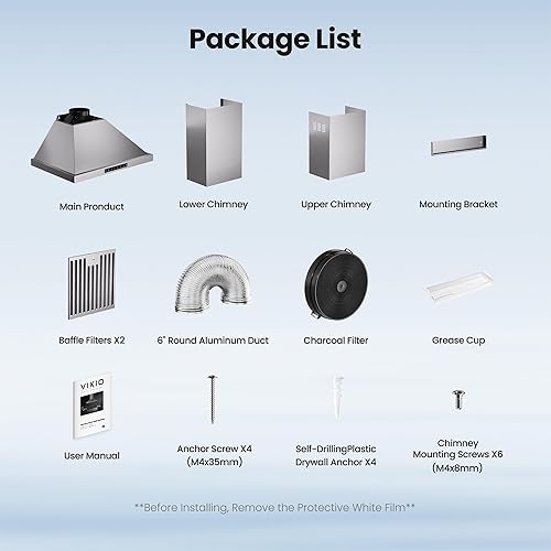 Miniatura 9 de VIKIO HOME Campana extractora profesional de 30 pulgadas para montaje en pared, 980 CFM, panel directo de 3 velocidades con control por gestos y