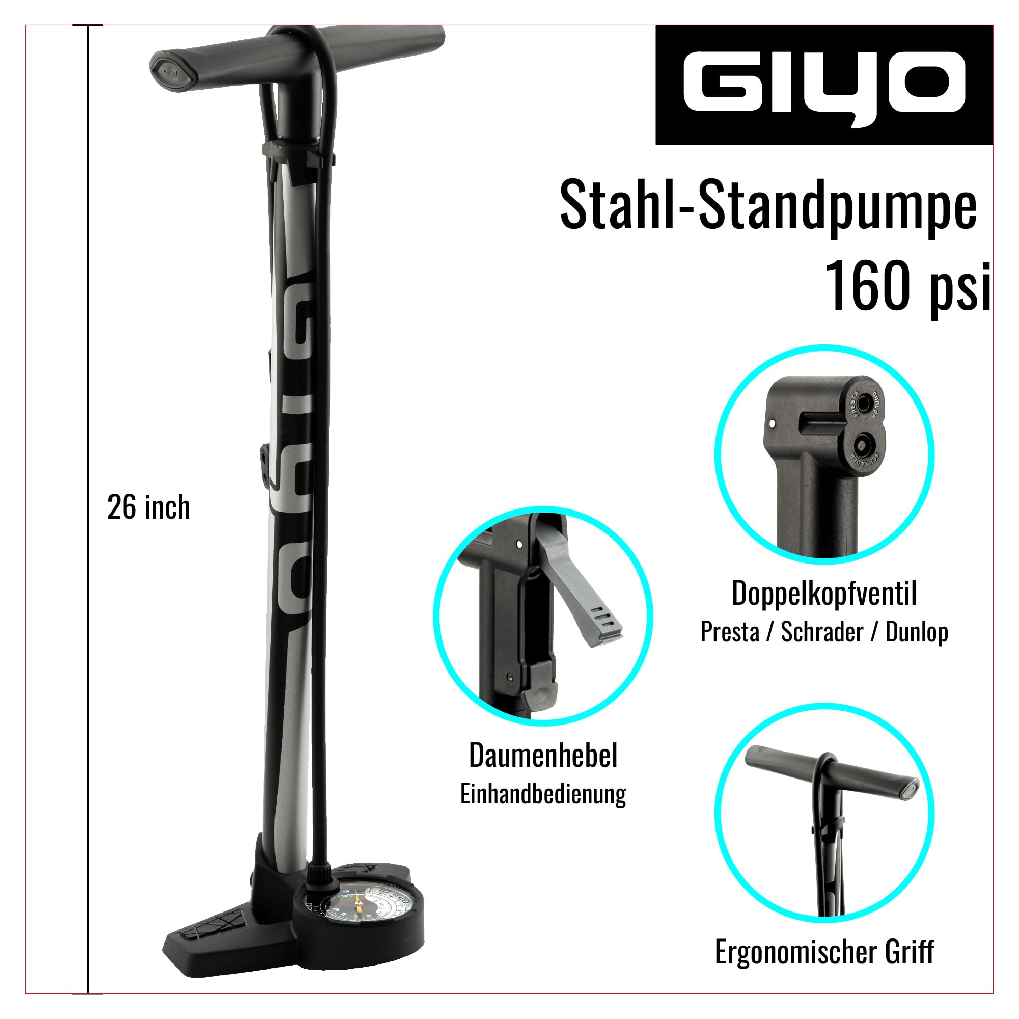 GIYO Fahrrad-Standpumpe GF27DH – Fahrradpumpe mit Präzisions-Manometer für niedrigen & hohen Reifendruck, Einhand-Ventilkopf für Presta, Autoventil/Schrader & Dunlop,Tubeless-kompatibel,11 bar/160 psi