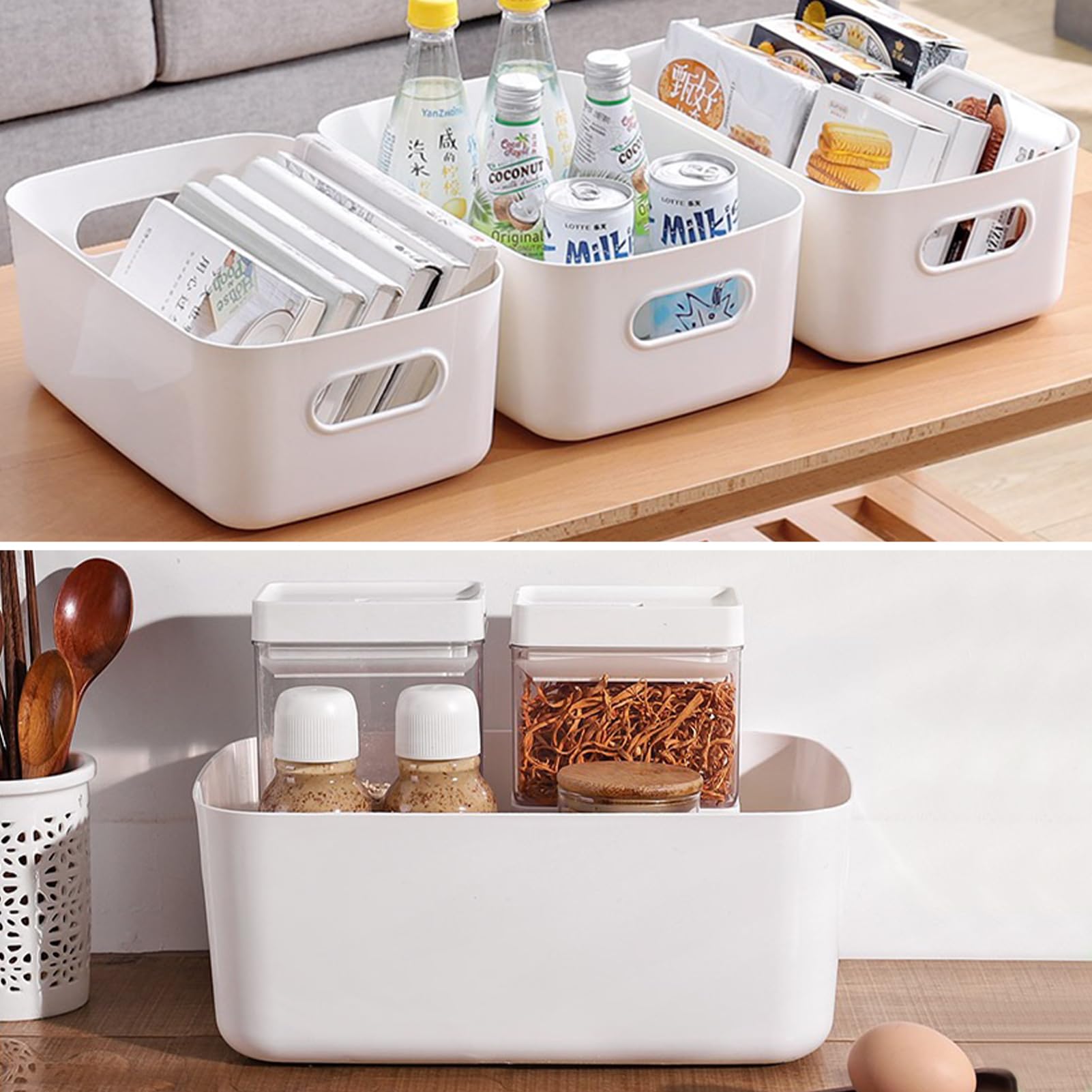 Lot de 8 boîtes de rangement en plastique blanc avec poignées - 30x20x12cm | Pour armoire de cuisine - Boîte de rangement en plastique pour salle de bain, cuisine, garde-manger, Étagère, Organiseur