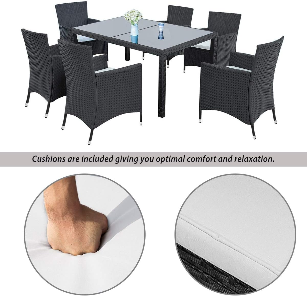 Merax 7 Pieces Patio Outdoor PE Wicker Dining Table Set with Removable Cushions for Lawn, Backyard, Garden, Black : Everything Else