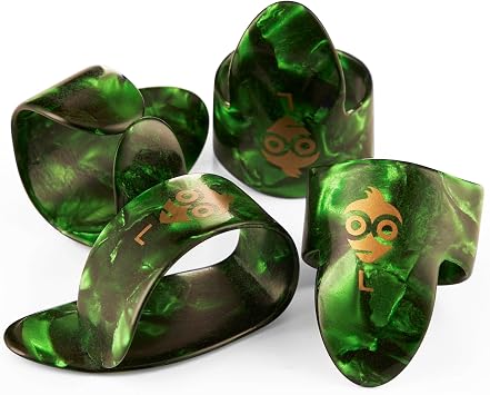 Geek Finger and Thumb Pick Set - Celluloid Picks 1 Thumb + 3 Fingers - Small Size - Green Pantone
