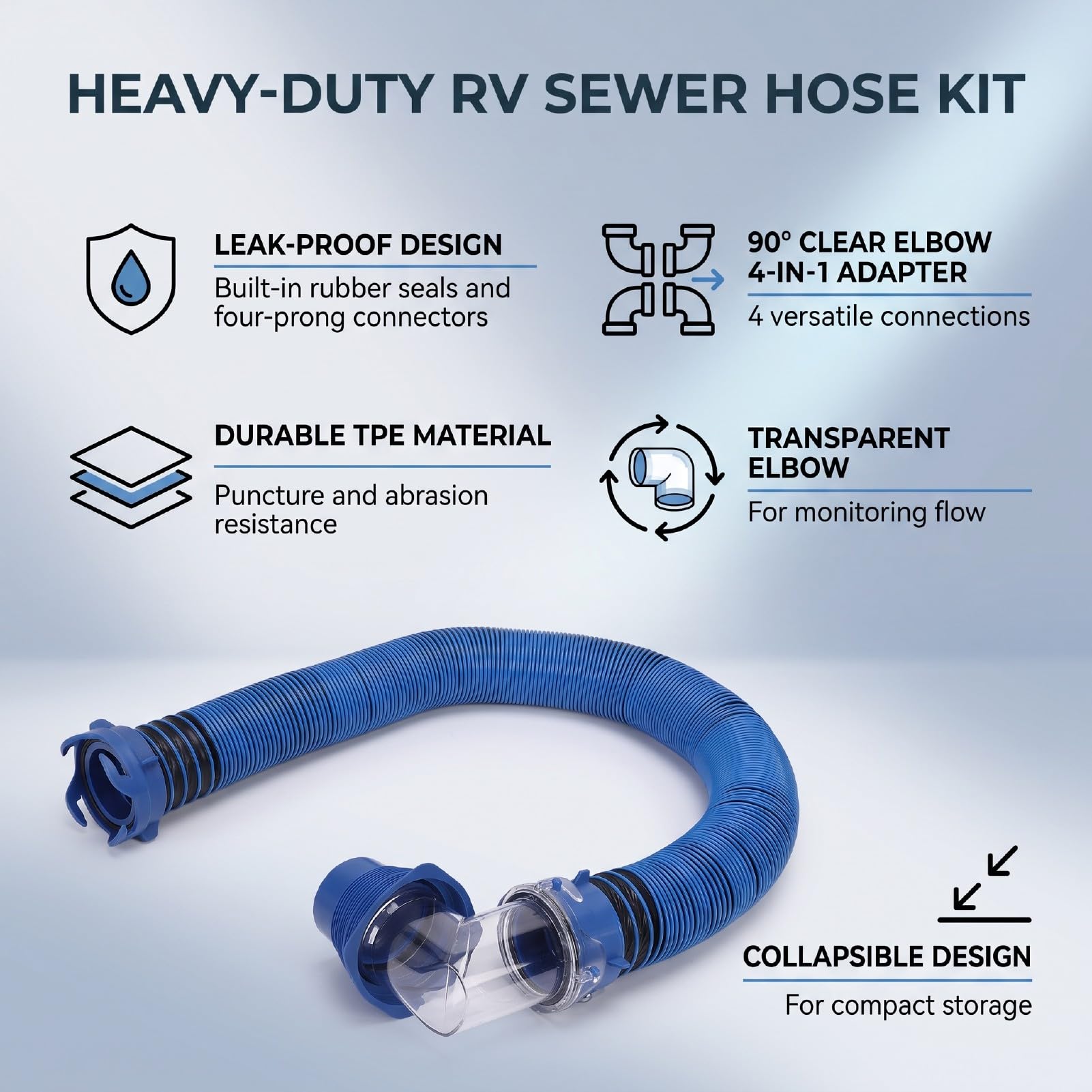 Kit Tubo per Scarico Camper 20 Ft con Gomito Trasparente a 90 | Tubo per acque reflue in TPE con adattatore 4 in 1, tappi terminali a prova di perdite, per serbatoio delle acque reflue
