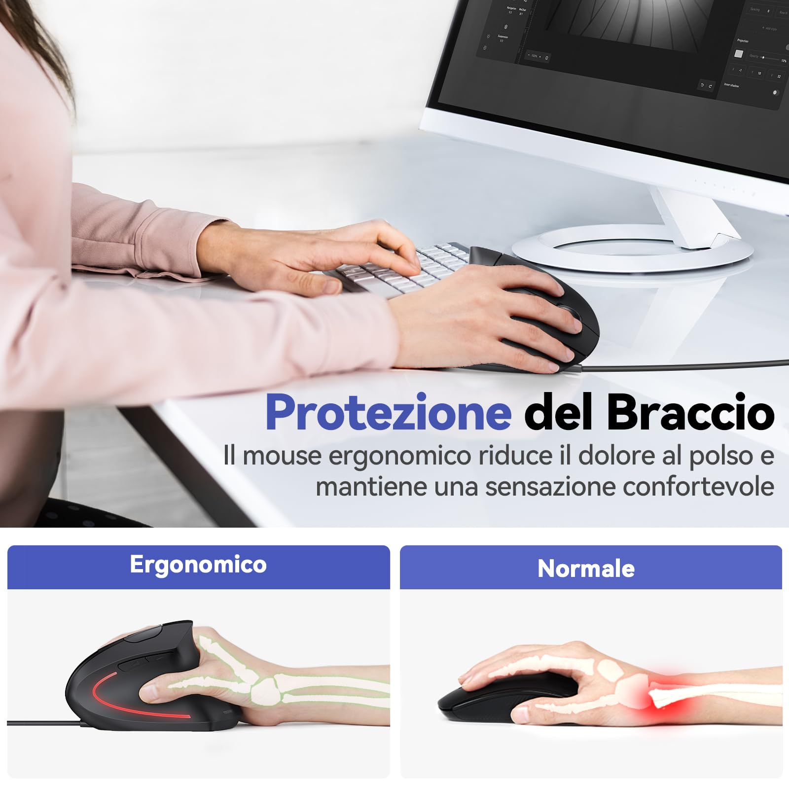TECKNET Mouse Verticale Cablato, 6400 DPI Mouse Ergonomico con Filo | Protezione del Polso, Cavo USB 1,5 m, Mouse Silenzioso con 6 Pulsanti per PC, Laptop, Windows e Mac, Nero