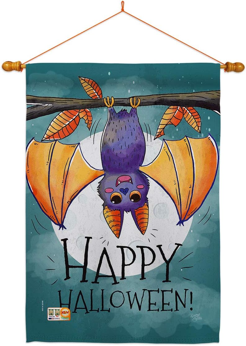 Happy Halloween Bat House Flag Falltime Witch Trick or Treat Spooky Night Black Cat Season Autumntime Pumpkin Small Decorative Gift Yard Banner Made In USA 28 X 40