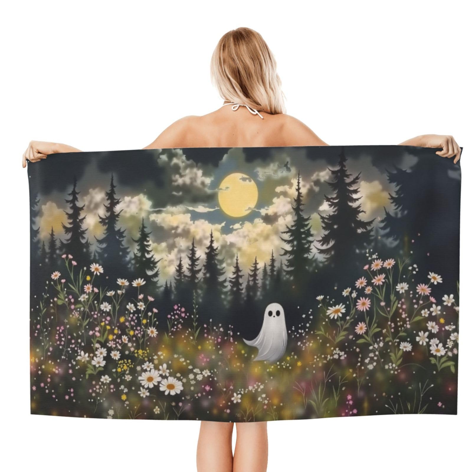 Anceky Beach Towel for Women, Ghostly Night Moonlight Sand-Free Microfiber Ultra Soft Lightweight Bath Towels for Outdoor Bathroom Swimming 32"X52"