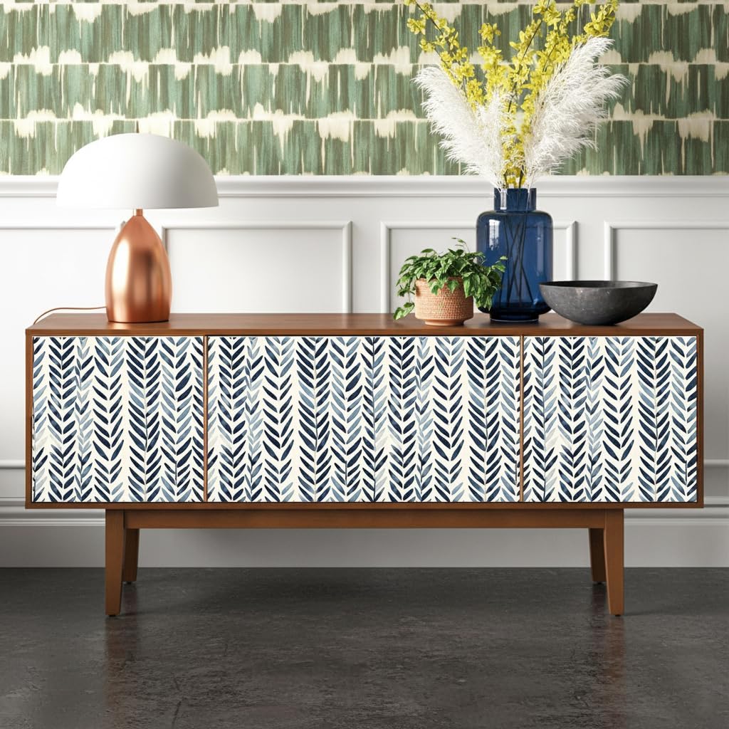 Blue and White Boho Wallpaper Peel and Stick 17.3"x78.7" Herringbone Vintage Floral Removable Renter Friendly Wallpaper for Bedroom Walls Self Adhesive Contact Paper for Cabinet Drawer B4-2