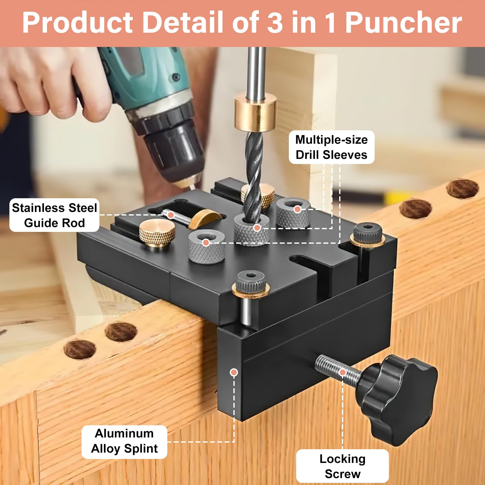 6/8/10/15 mm Bohrschablone Möbelbau, 3-in-1 Holzdübel Schablone Taschenloch Jig Kit für Holzbearbeitung Exakte Dübellöcher mit Positionierungsclip Einstellbare Bohrführung Stanzer-Locator