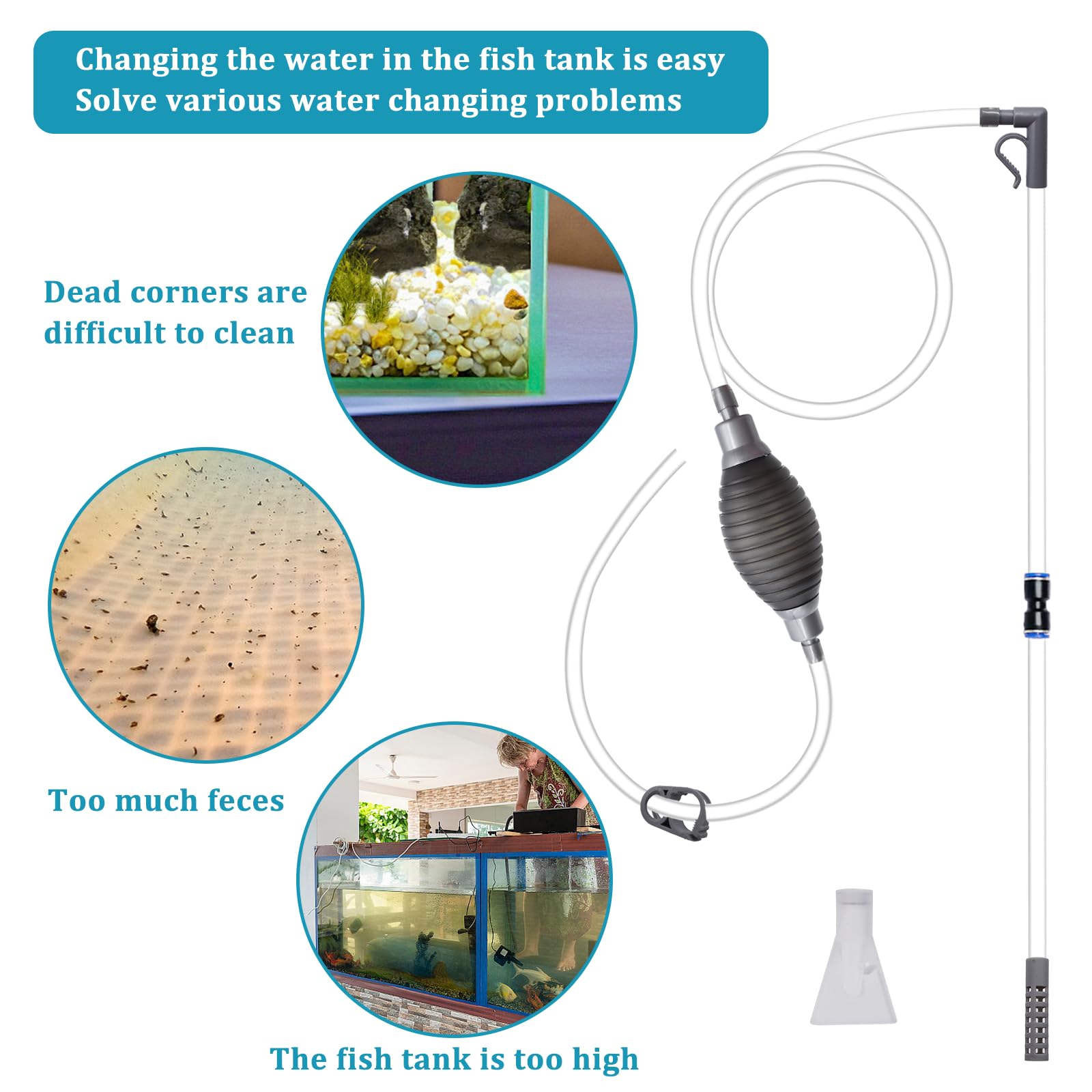 CONNECTION 7 Pcs Fish Tank Water Changer 2.2M Aquarium Siphon Gravel Cleaner Fish Tank Cleaning Kit with 2 Hard Long Tubes Filter Syphon Fixation Clamp for Regular Water Change Filter Sand Clean(Gray) - Image 4