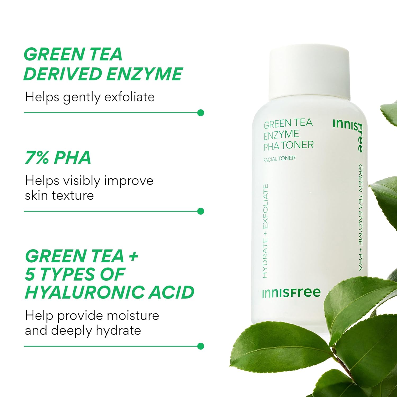innisfree Green Tea Enzyme PHA Toner with Hyaluronic Acid, Hydrating Korean Exfoliating Essence for Smooth, Glowing Skin - Image 4