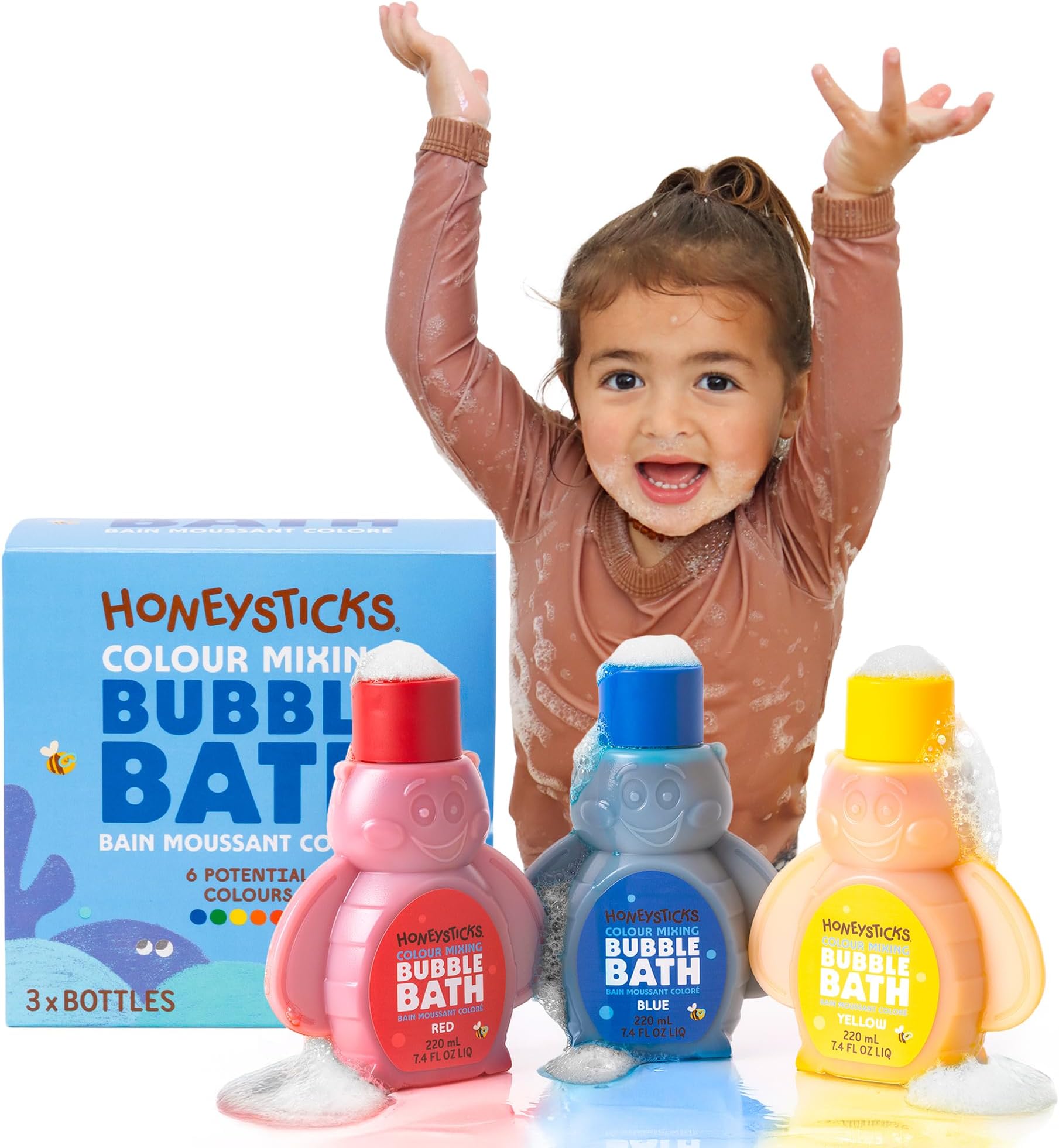 Kids Bubble Bath 3 Pk (Blue, Red, Yellow): Non-Toxic, Plant Based, Non Irritating - Changes Water Color and Creates Super Foaming Bath Bubbles - Safe for Toddlers 1-3, Kids 4-8, Bath Toys