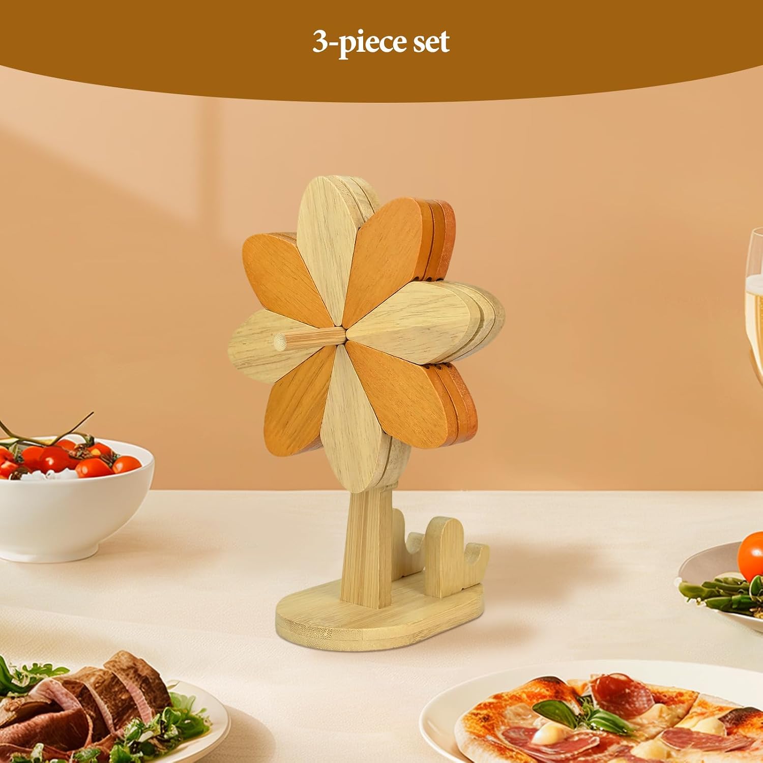 Wooden Tree Coaster, Windmill Coaster Set with Holder, Windmill Shape Wooden Trivet Tree, Set of 3 Suitable for Hot Dishes, Bowls, Teapots, Cups, Wooden Tree Trivet Set for Home Table Decoration image 4