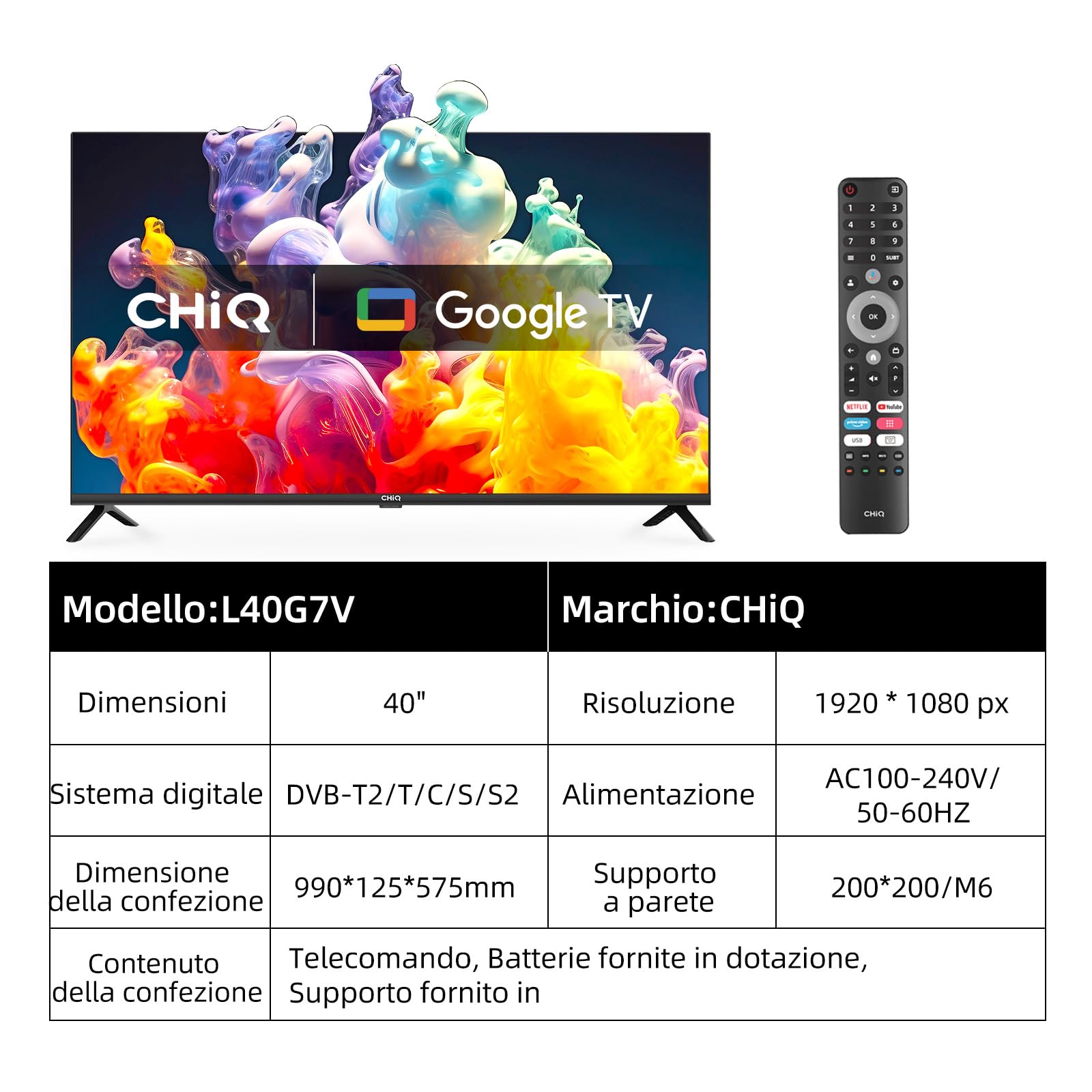 CHiQ TV L40G7V da 40 pollici, Google TV, FHD, Design senza cornice, Assistente Google, Google Play, Chromecast integrato, Triplo sintonizzatore (DVB-T2/S2/C), 5G Wi-Fi, Bluetooth, HDMI ARC, USB2.0