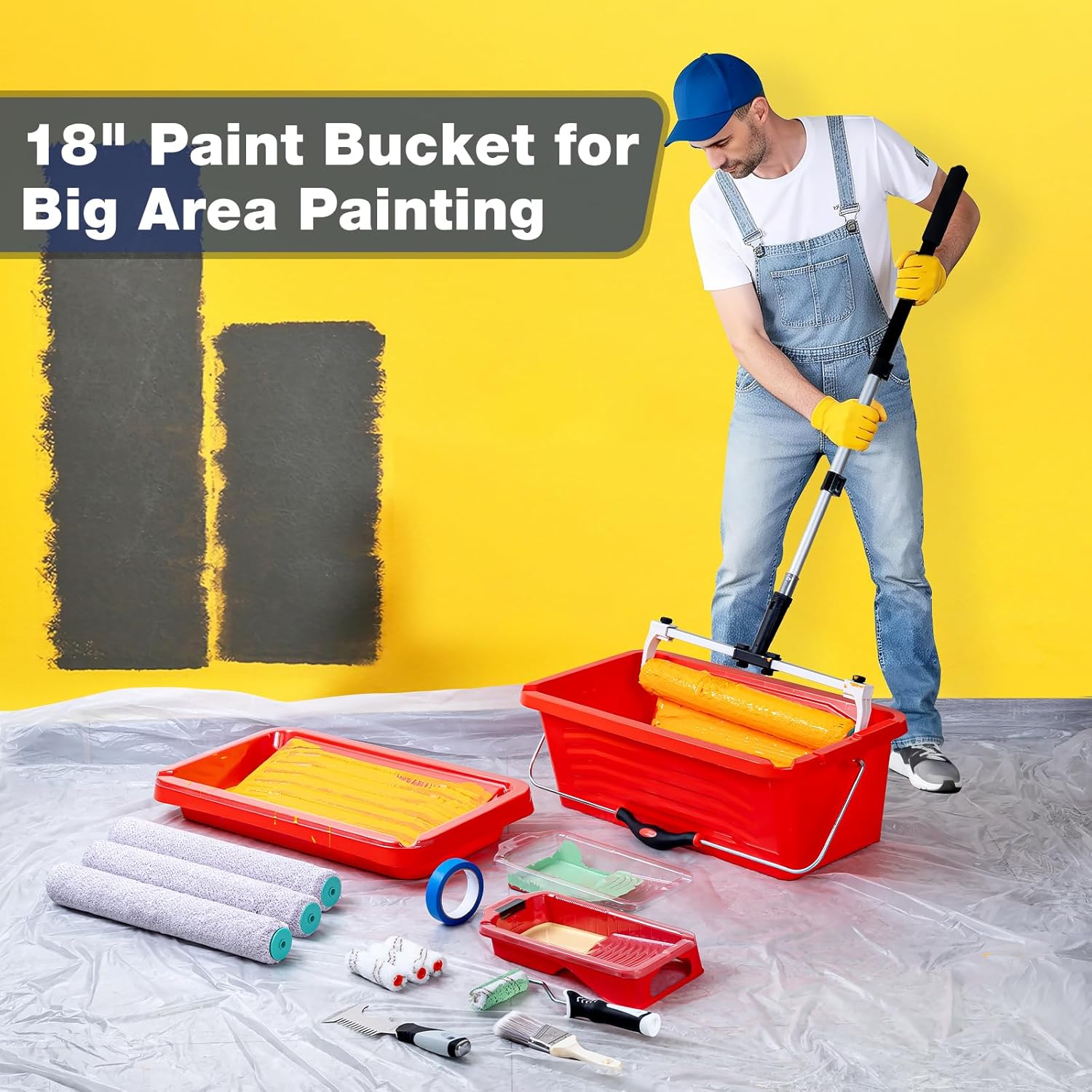 Mister Rui 23-Piece Professional Paint Roller Kit, 4"18" Microfiber Paint Rollers with Extension Pole 4 FT, Paint Bucket, Paint Pan with Liners, Long Paint Roller for Painting Walls & Ceilings