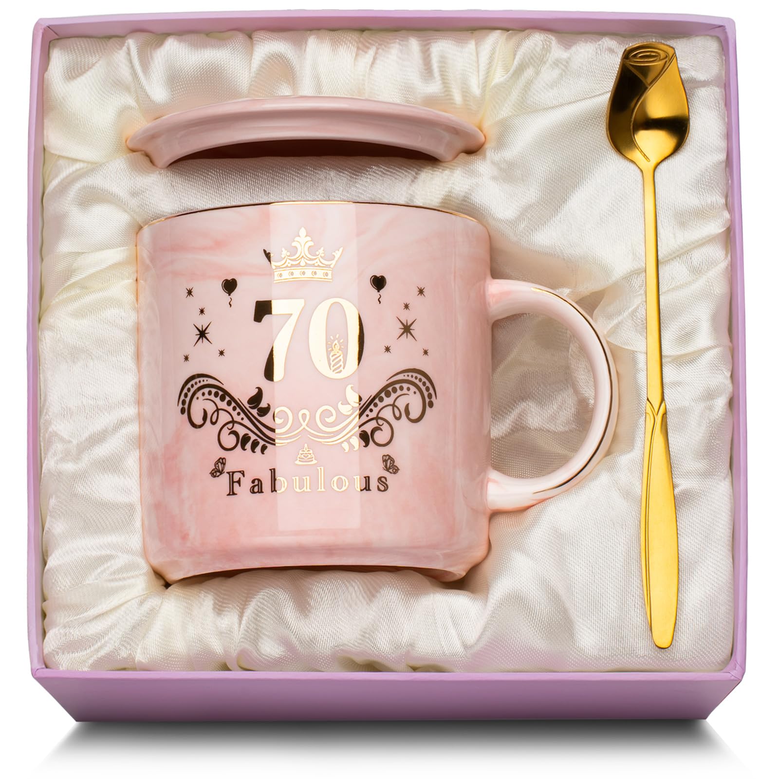 Ceramic Cup 70th Birthday Gift for Her, 14oz with Spoon, Lid, Giftbox โ image 1