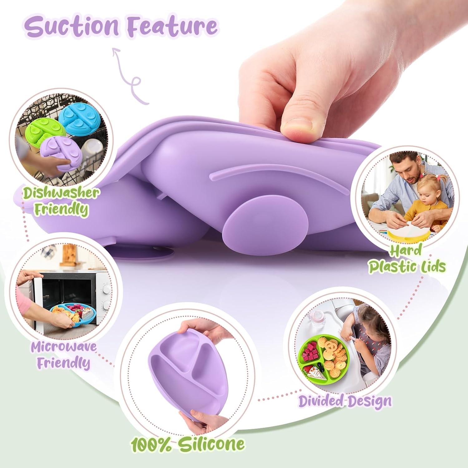 Meanplan 6 Pack Suction Plates for Toddlers with Lids Silicone Baby Plates set Food Grade Silicone Divided Design BPA Free Microwave and Dishwasher Safe Assorted Colors(Bright Colors)