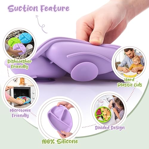 Miniatura 4 de Meanplan Paquete de 6 placas de succión para niños pequeños con tapas, juego de platos de silicona de grado alimenticio, diseño dividido de silicona