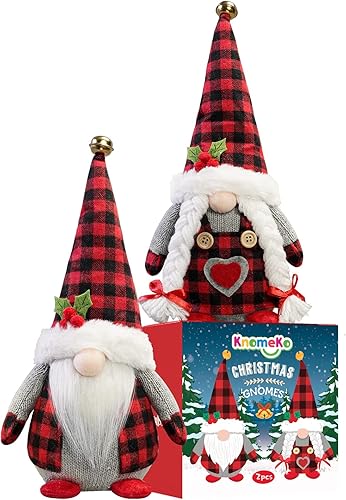 Vista 2 de Gnomos de Navidad de peluche con cuadros de búfalo rojo, paquete de 2 figuras hechas a mano para Navidad, San Valentín, Tomte, figuritas
