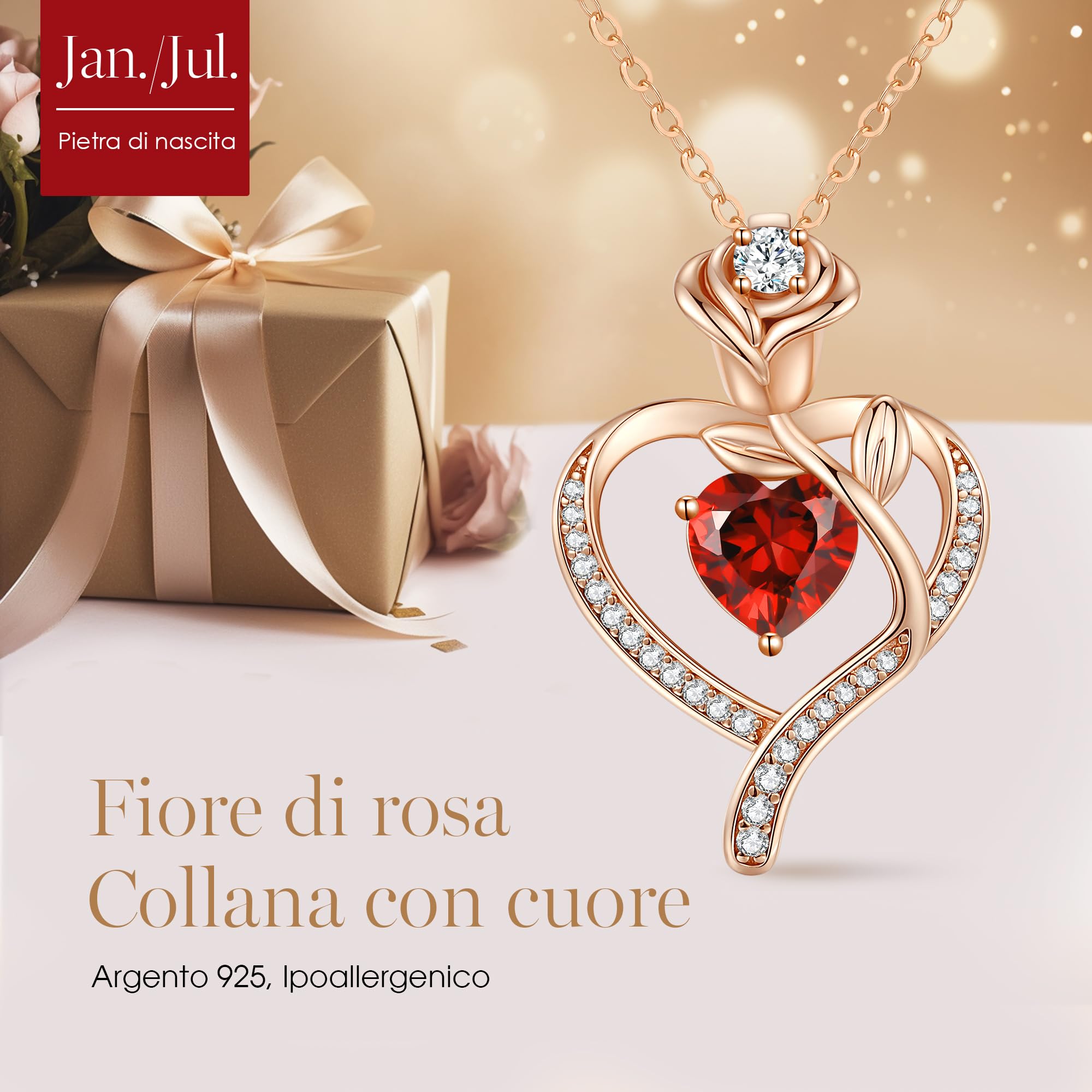 CDE Jewellry Birthstone Collana Donne, 925 Sterling Silver Rose Gold Jewellry Rose Heart Collana Pendente Anniversario Compleanno Regalo di Natale per donne Moglie Mamma Fidanzata Lady Suo