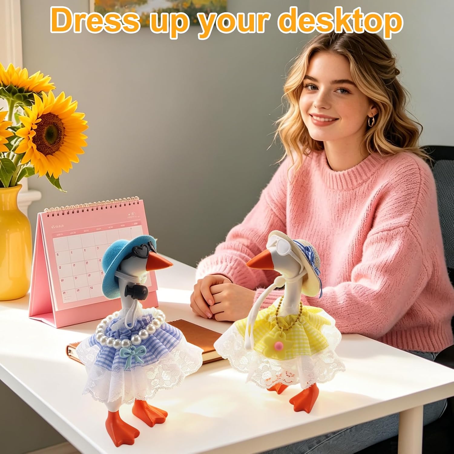 2 Sets Kawaii Desk Goose Outfits Summer 7 Inch Boho Desktop Goose Clothes with Straw Hat Pearl Necklace Sunglasses Dress for Magnetic Goose Statue Home Office Decor Gift image 5