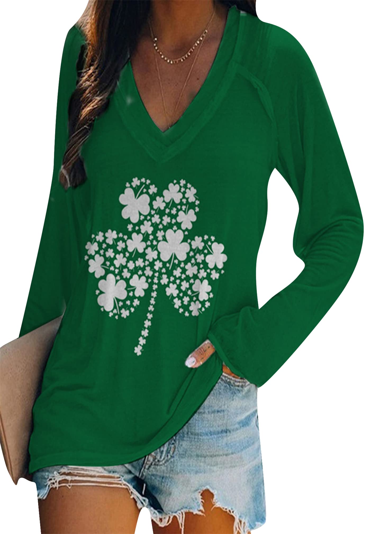 BOFETA Women St Patricks Day Sweatshirts Loose Long Sleeve Shirts Green Shamrock Print Blouse Flowy Color Block Pullover Tops