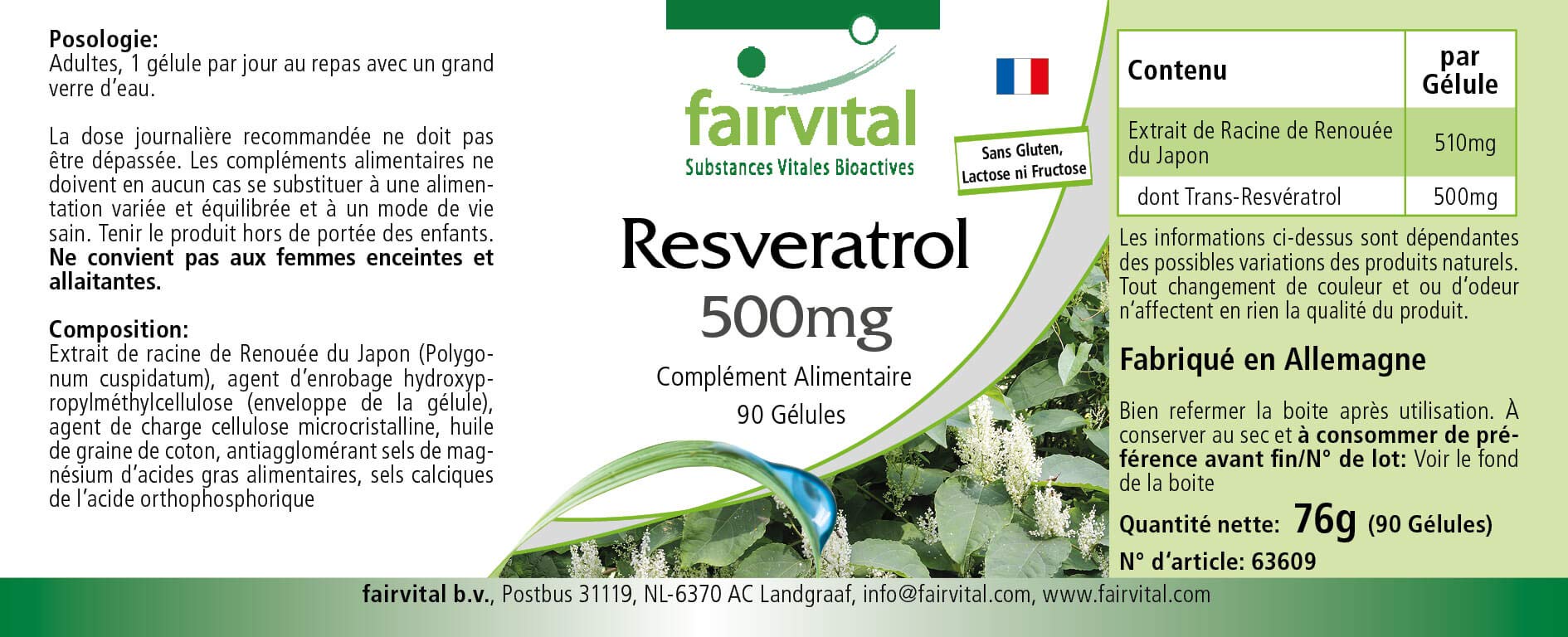 fairvital Resvératrol 500mg, 90 gélules, 500mg de trans-resvératrol par gélule, HAUTEMENT DOSÉ, à base d'extrait de renouée, végétalien