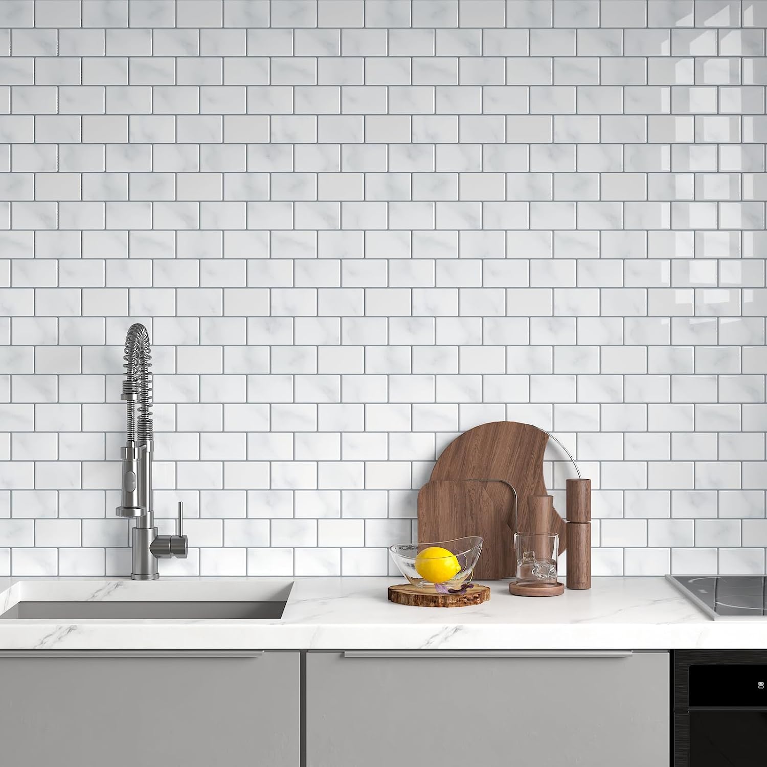 CHIHUT 12''x12'' White 3D Marble Peel and Stick Backsplash Tiles 6 Sheets Glossy Self Adhesive Waterproof Wall Tiles for Bathroom Shower Upgraded Thick Subway Tile for Kitchen Laundry Room