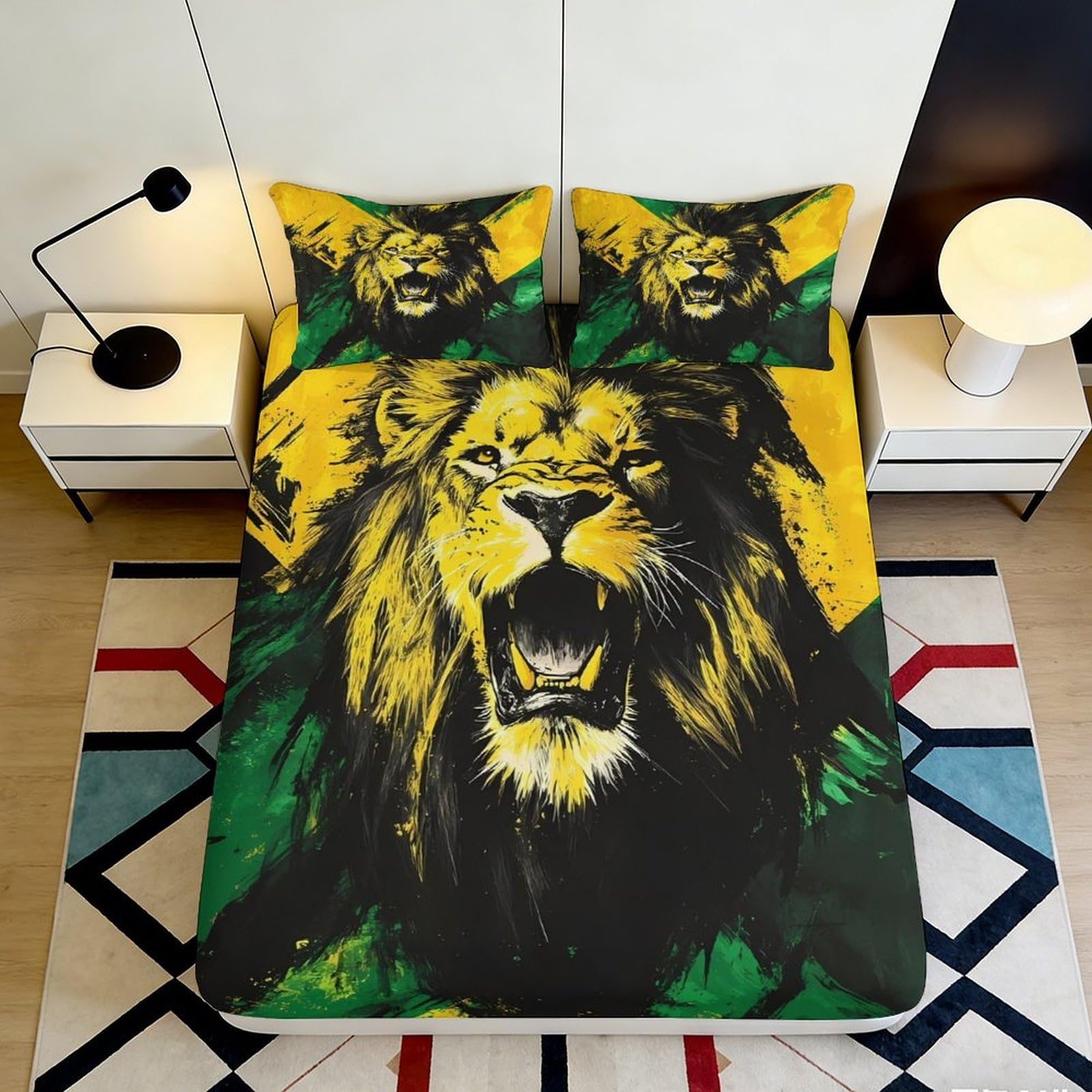 Pnayamiorkfel Style-1 3D Printed Roaring Lion Fitted Sheet Microfiber Elastic Bed Cover Yellow Green Decor Anti-Slip Washable For Bedroom Dorm 90X200x25cm