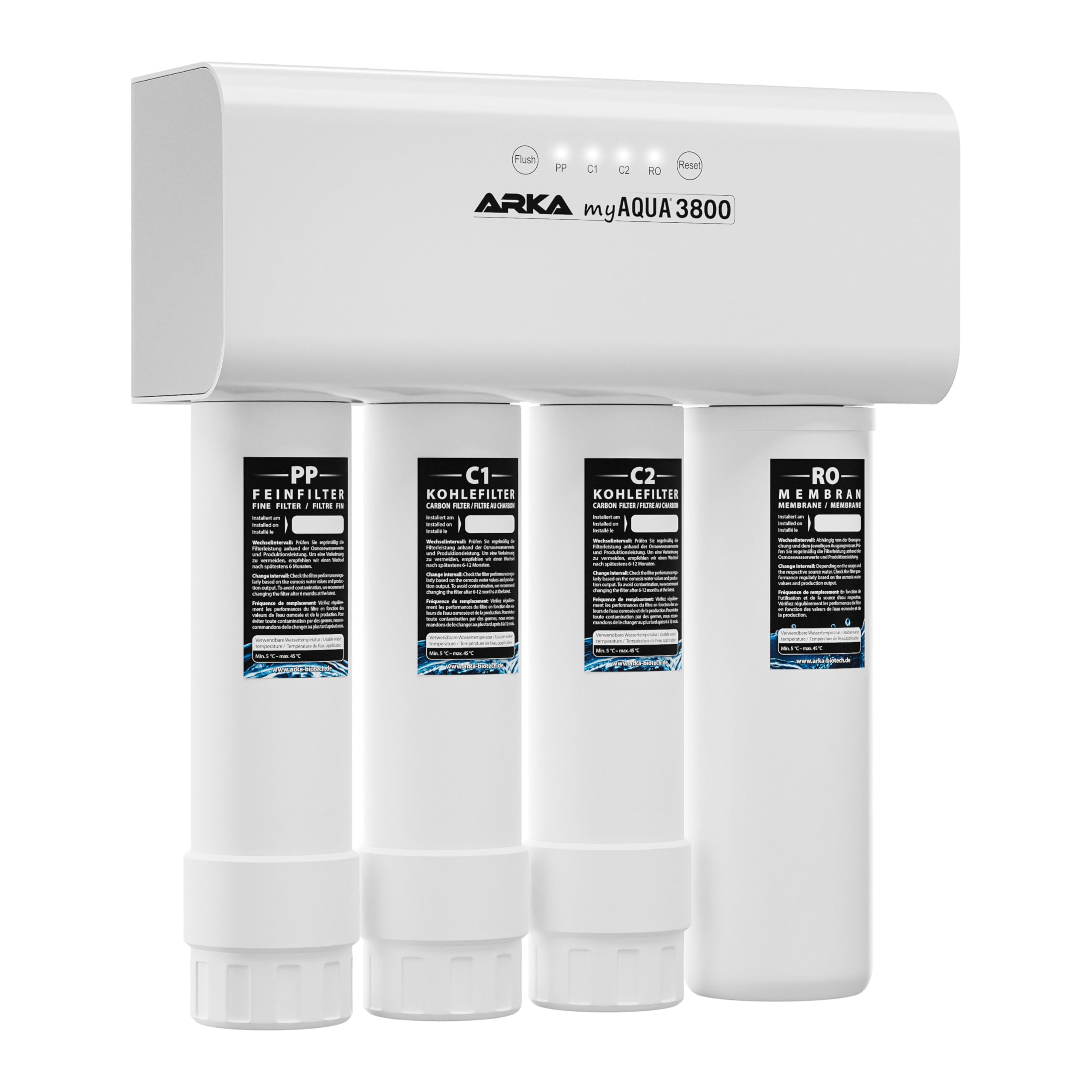 Sistema de ósmosis inversa 3800 l/día – ARKA myAQUA 3800 – elimina 99 % impurezas, sales y bacterias – filtro de agua para hogar & acuario – set completo con indicador LED inteligente