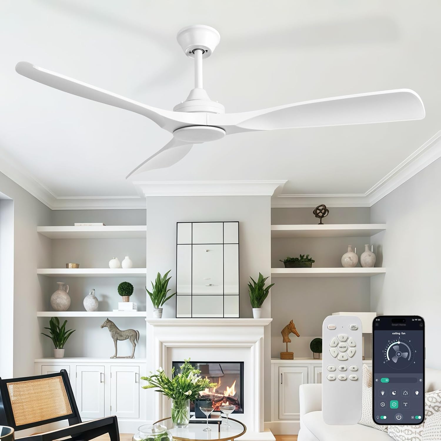 Depuley Ceiling Fan Without Light: 52 Inch 3 Blade Outdoor Fans for Patios - White Ceiling Fan No Light Indoor Remote Control Ultra Quiet DC Motor Reversible 6 Speed Timer White 52 inch-no light