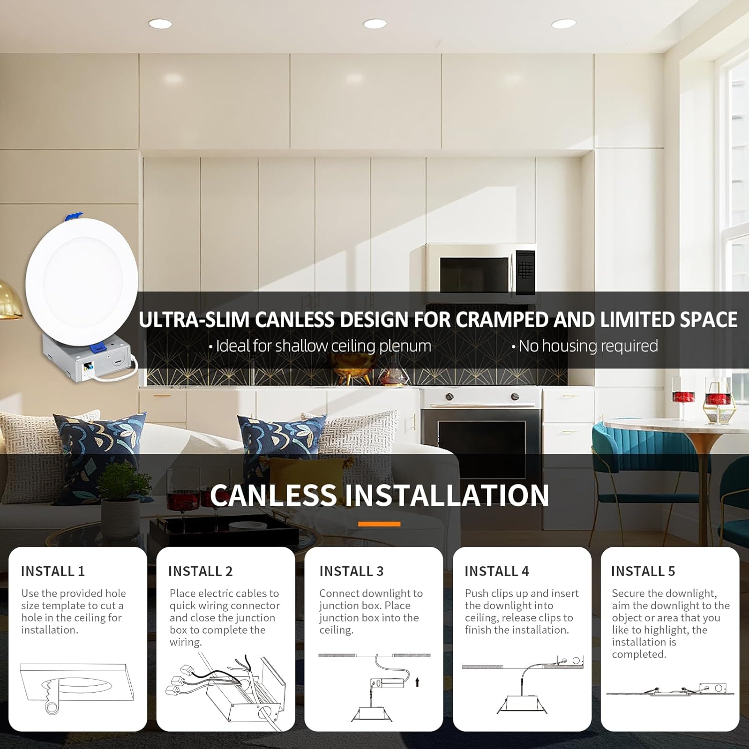 mw 6 Inch Canless 5 Selectable Color Temperature Ultra-Slim Round LED Downlight with Smooth Flat Trim 1pk, Junction Box Included, 2700/3000/3500/4000/5000K, Dimmable, 900LM, Energy Star (1 Pack)