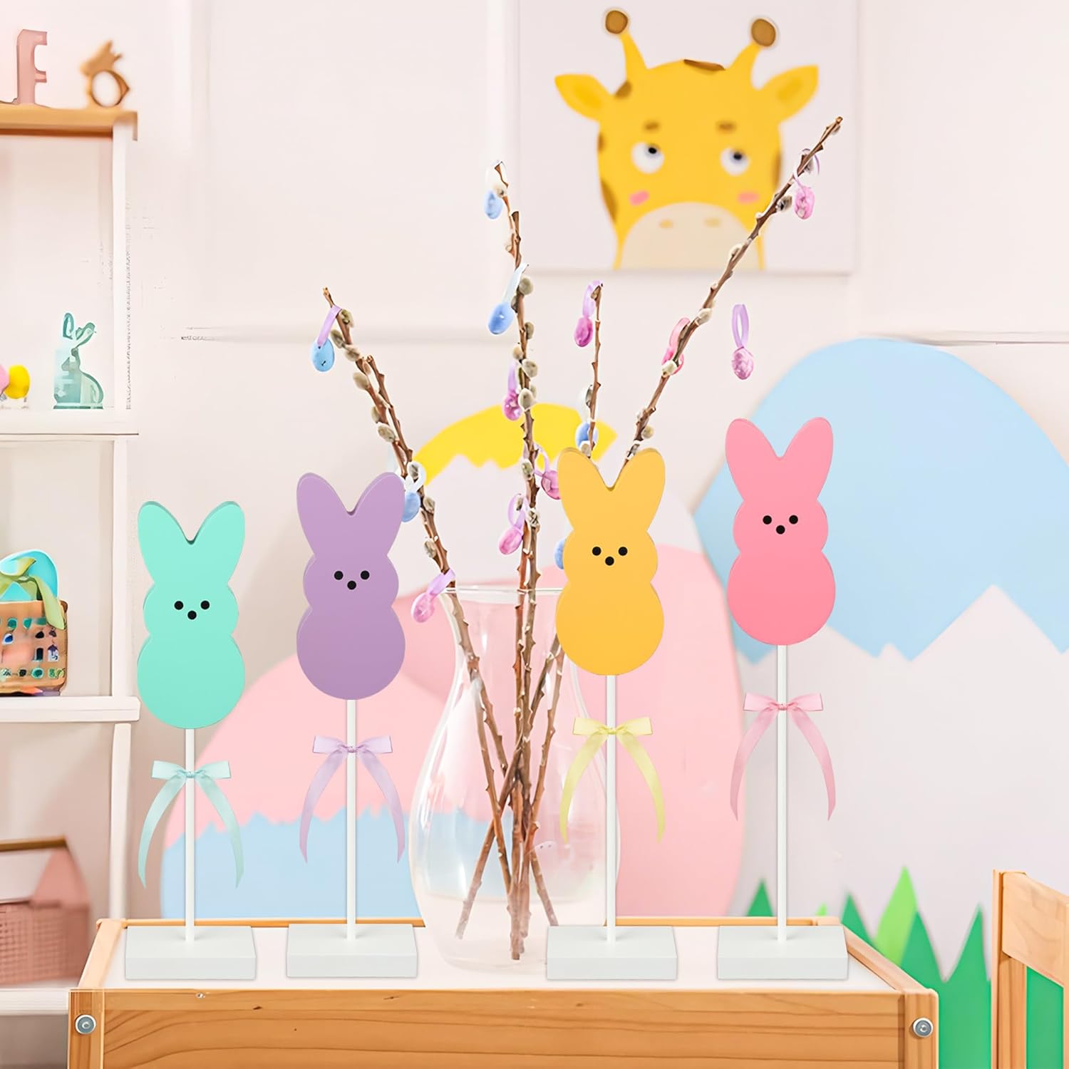 4 Pcs Easter Bunny Wooden Table Signs Easter Peeps Standing Table Decorations Colorful Rabbit Shape Tabletop Centerpieces Tiered Tray Decor for Spring Party Farmhouse Home Office Shelf Desk Decor - Image 6