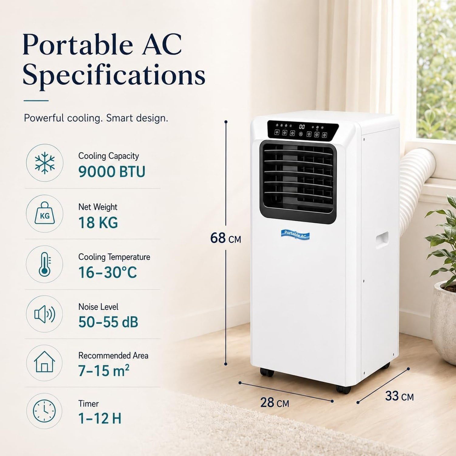 Przenośny klimatyzator 9000 BTU z pilotem i timerem 12h, trzy tryby pracy, dwa poziomy wentylacji, czytelny wyświetlacz LCD, chłodzenie pomieszczeń do 15 m², fu