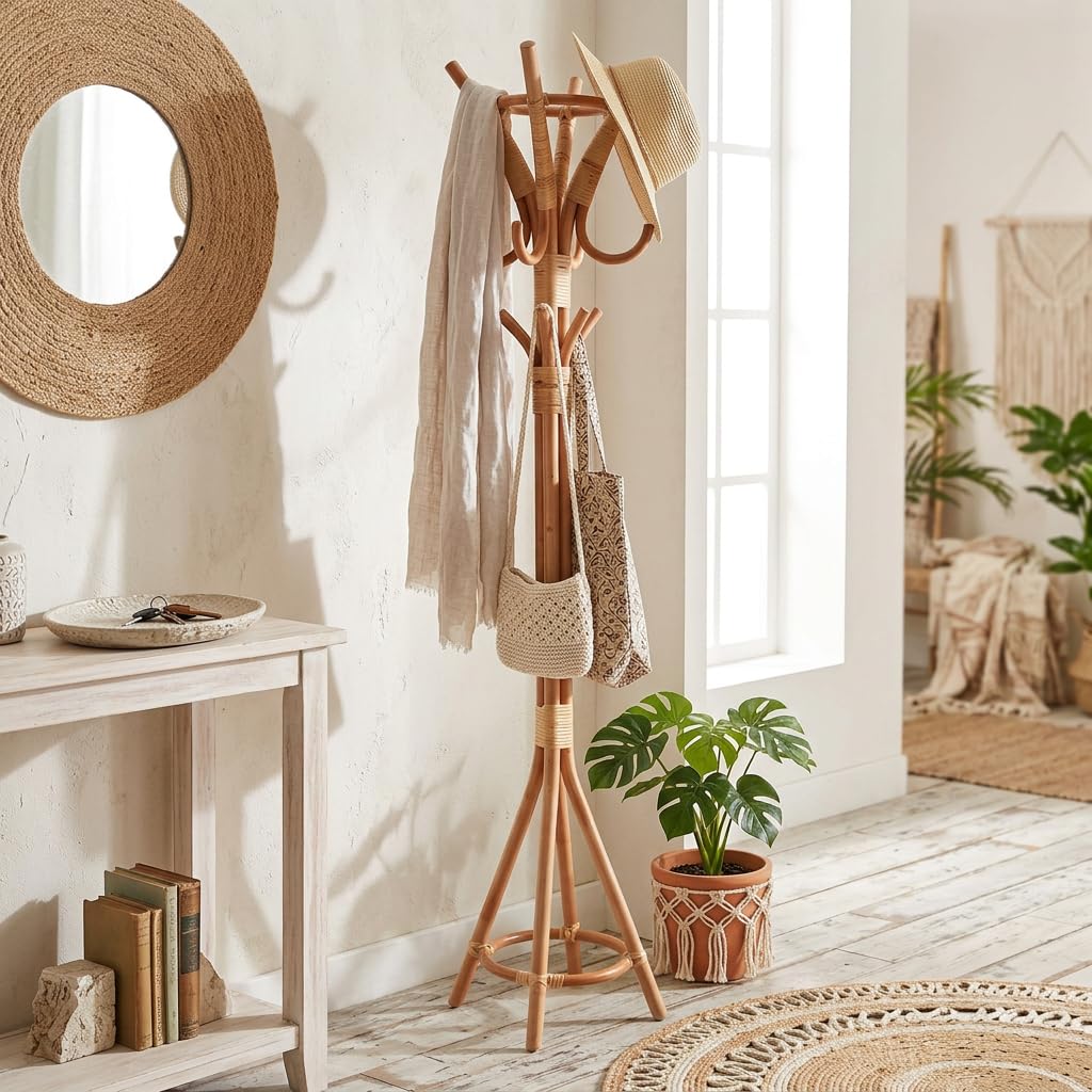 Appendiabiti da Terra in Rattan Naturale Stile Boho Chic con Ganci a Diverse Altezze, Design Decorativo per Ingresso e Camera da Letto, 37 x 155 cm