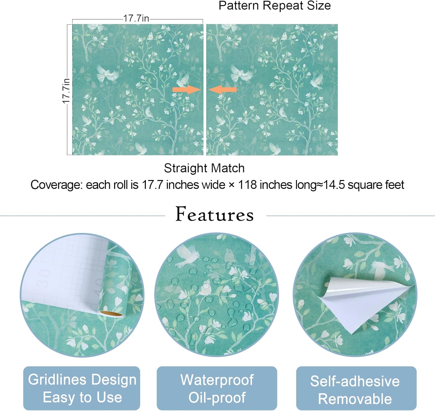 VaryStyle 17.7"x118" Teal Green Floral Wallpaper Turquoise Magnolia Tree Bird Floral Peel and Stick Wallpaper Green Forest Contact Paper for Cabinets Self Adhesive Removable Vinyl for Bathroom Bedroom