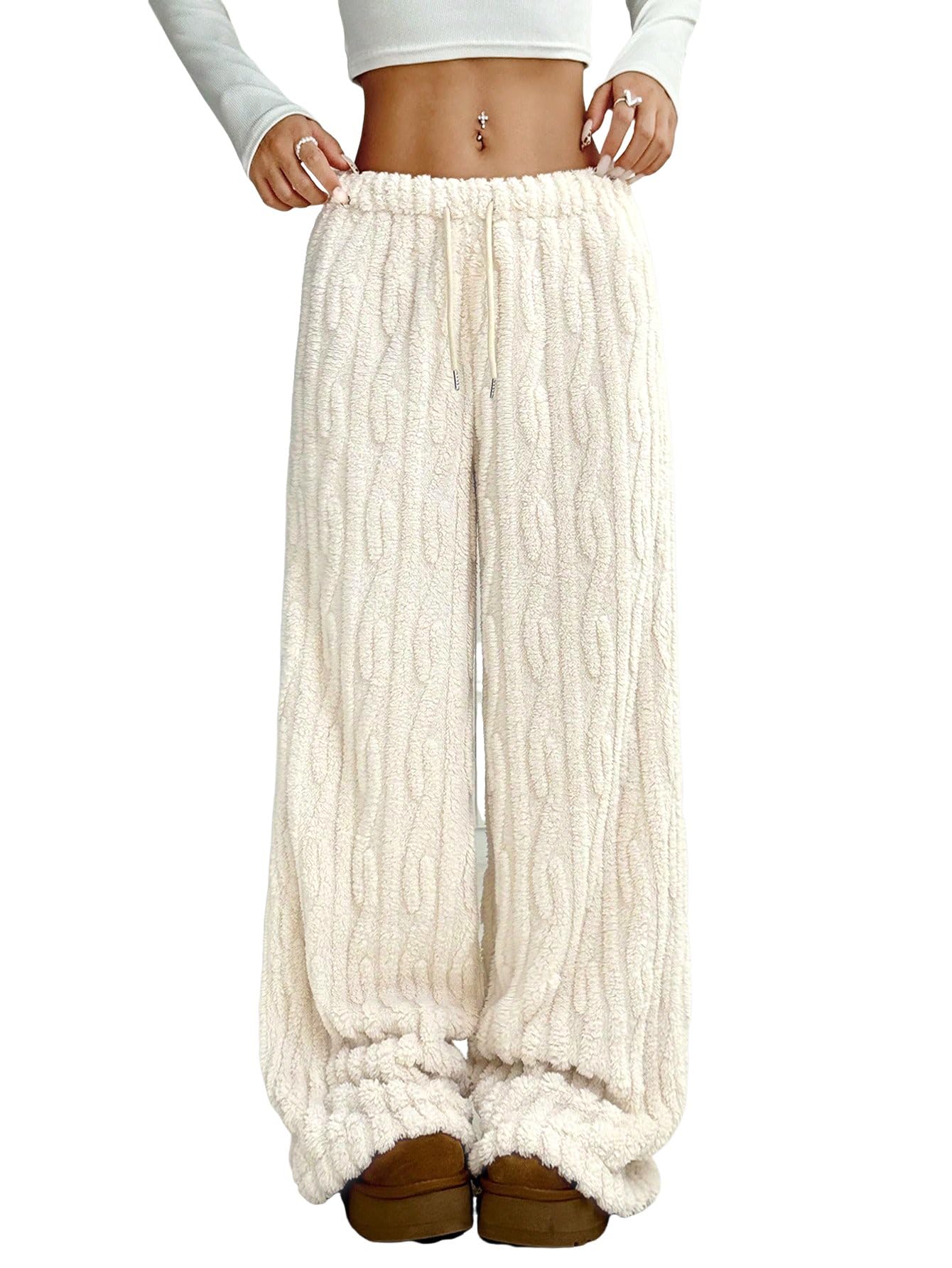 ZAFUL Women's Fuzzy Plush Pajama Pants Wide Leg Pj Bottoms Lounge Pants