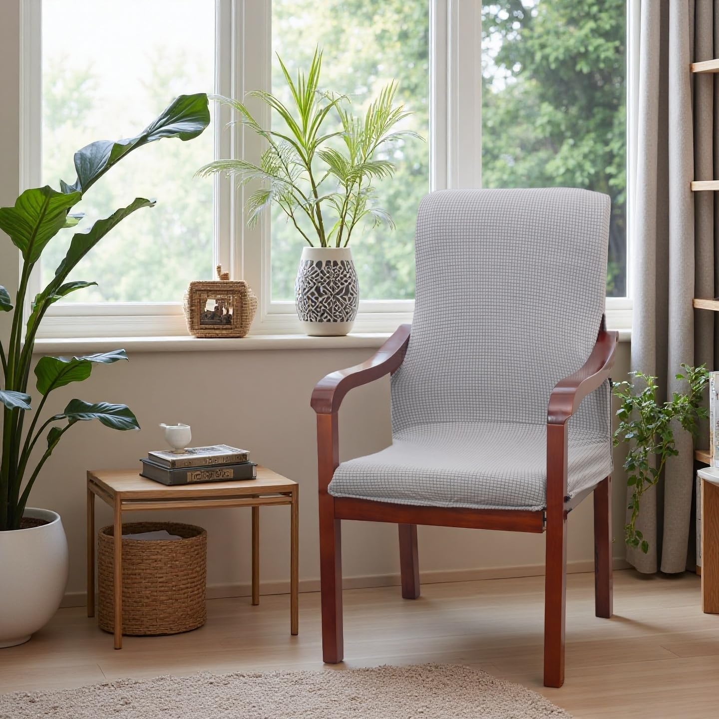 Deisy Dee Stretch Arm Chair Covers, Mid Century Chair Slipcovers, Accent Chair Covers (Sliver)