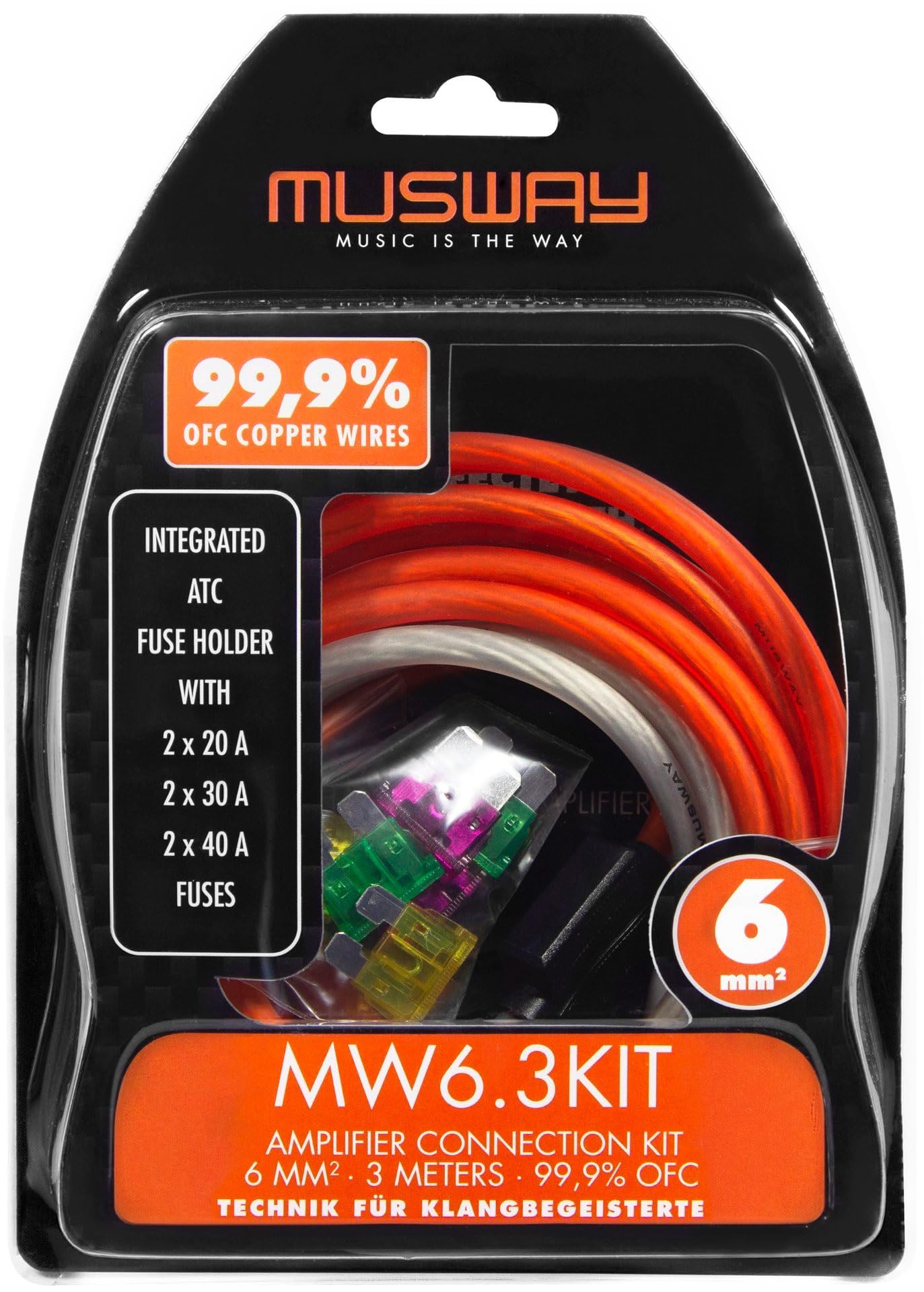 Musway MW6.3KIT - zestaw kabli PEŁNA MIEDŹ 6 mm² z bezpiecznikiem | 3 m