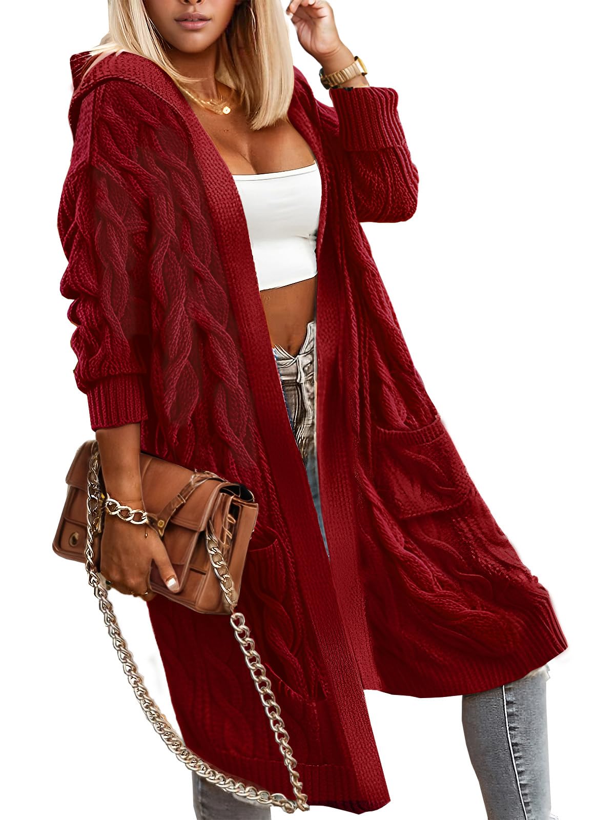 Lightweight Hooded Open Front Cardigan Sweaters for Women Oversized Cable Knit Sweaters Pocketed Trendy Long Cardigans