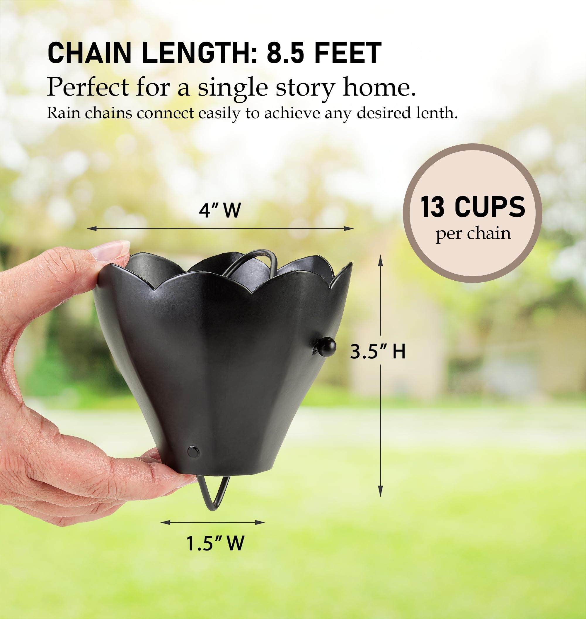 Good Directions 13 Cup Tulip Rain Chain - 8.5 Ft Black Aluminum With Gutter Clip