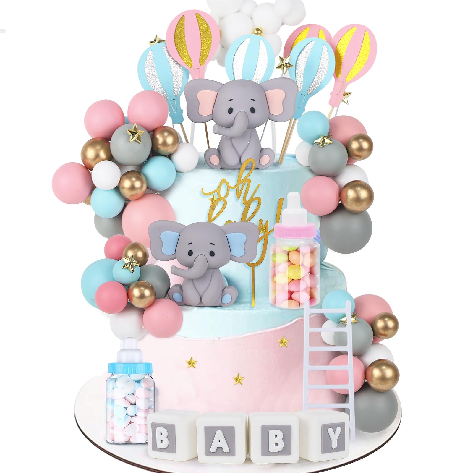 47 PCS Elephant Cake Toppers - Mini 3D Elephant BABY Letters Milk Bottle Blue Pink Gold Foam Balls Cake Toppers for Gender Reveal Baby Shower Party Cake Decorations