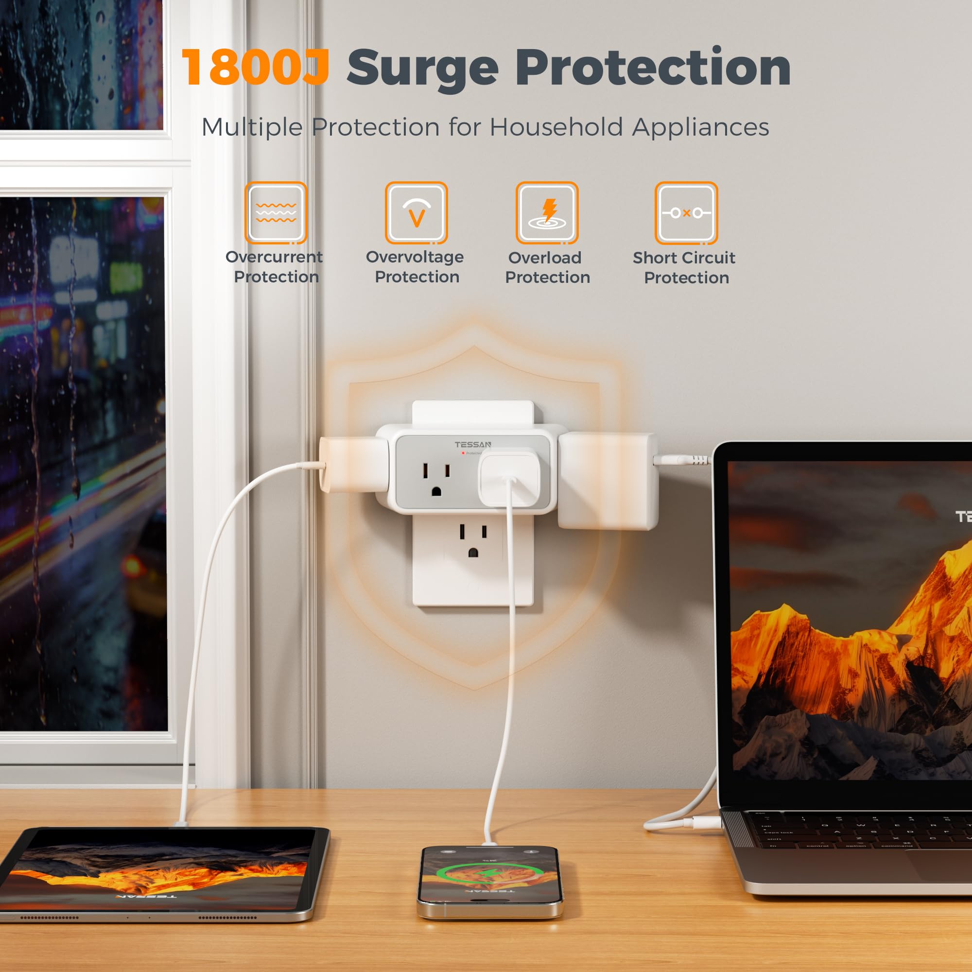 TESSAN 1800J Surge Protector Outlet Extender, Multi Plug Wal -2 TESSAN 1800J Surge Protector Outlet Extender, Multi Plug Wal -2