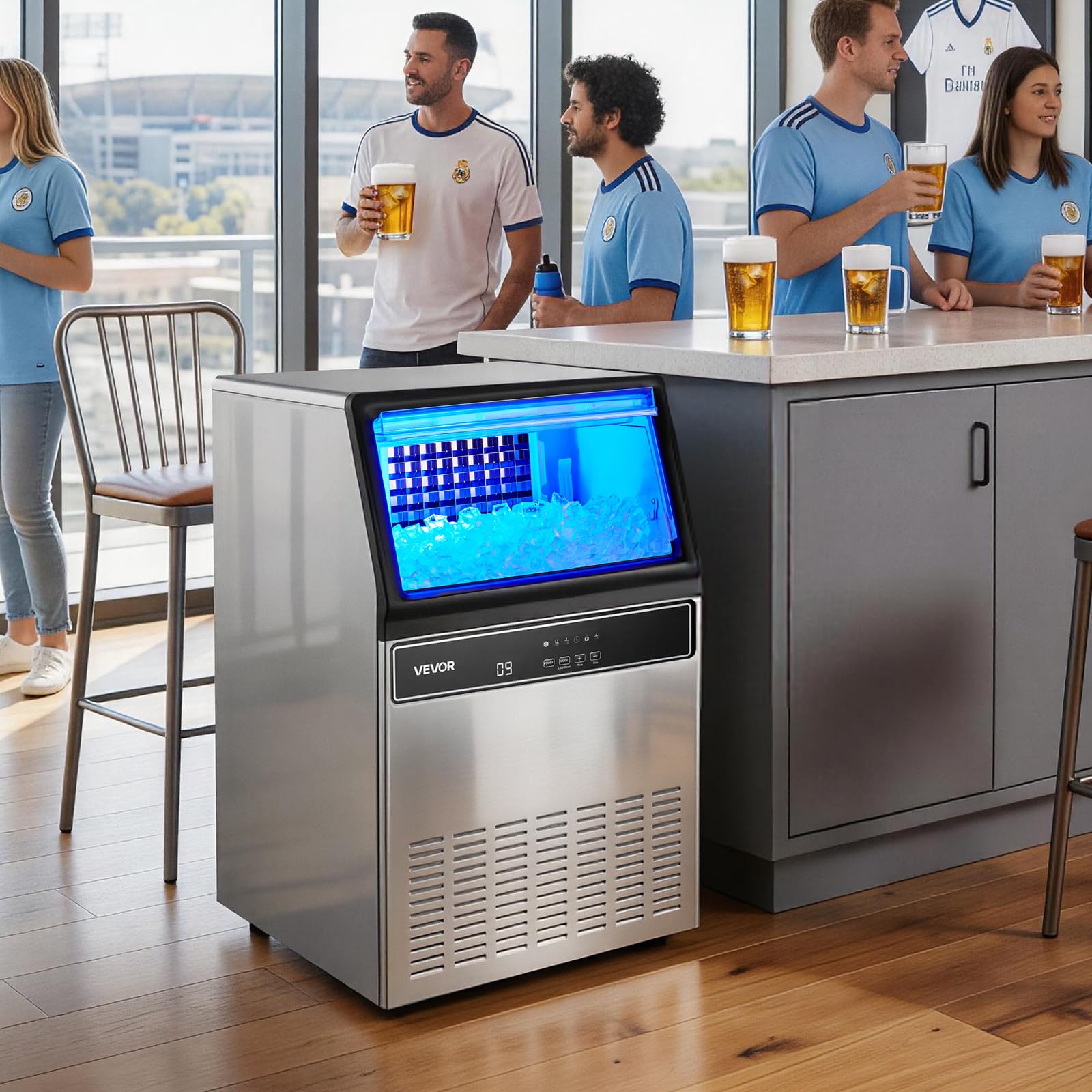 VEVOR Machine à Glaçons Commerciale 54,4 kg/24 h, Appareil de Préparation de Glaçons avec Capacité de Stockage de 15 kg, 45 Cubes par Cycle, avec Écran LED et Nettoyage Automatique, Restaurant Bar
