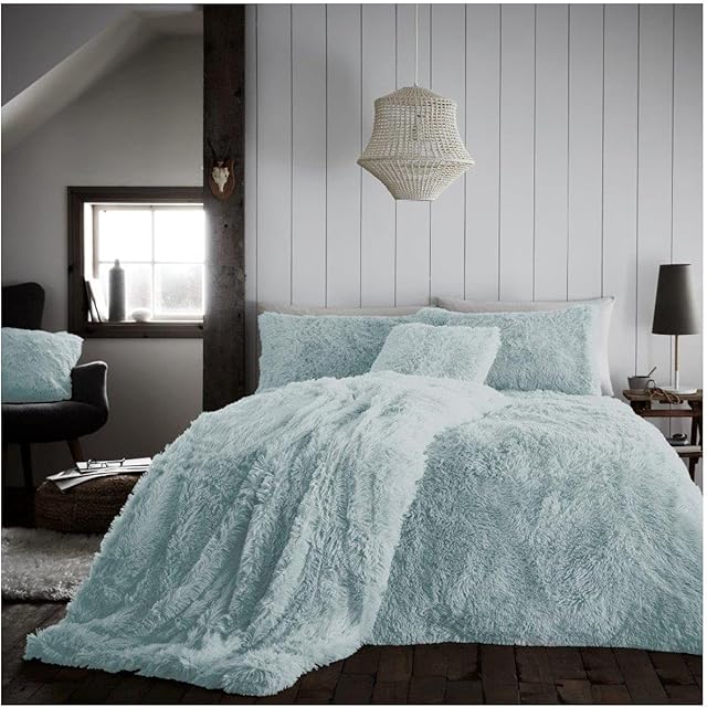 GC GAVENO CAVAILIA Fleece Luxury Long Pile Faux Fur Mink Super Soft, Teddy Bear Duvet Cover Quilt Bedding Set with Pillowcase, Double, Duck Egg