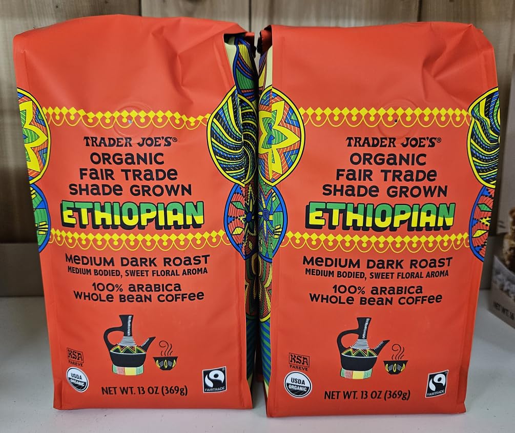 Trader Joe Organic Ethiopian Medium Dark Roast Whole Bean Coffee 13oz 369g (Two Bags)